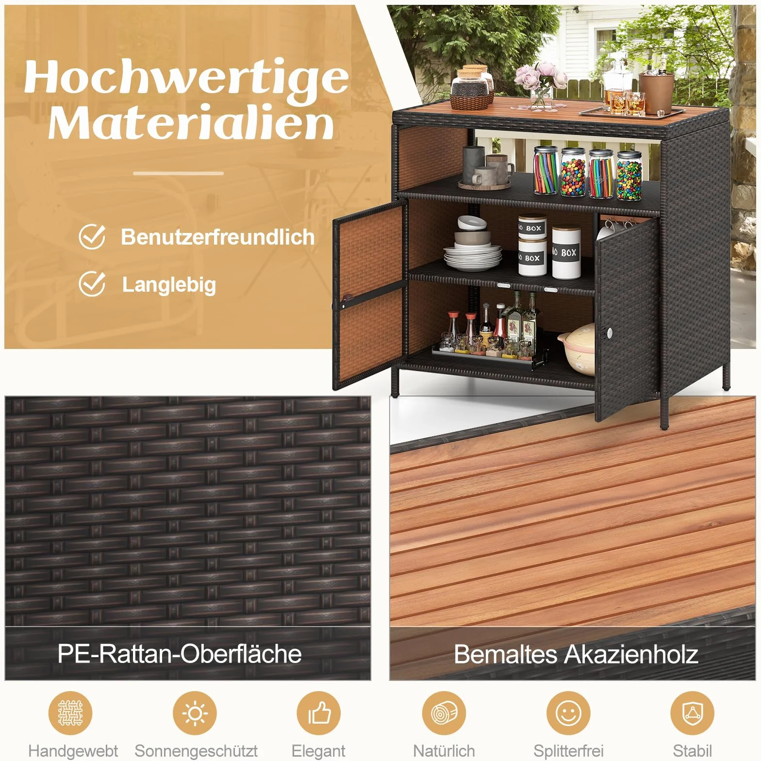 COSTWAY Szafka ogrodowa rattanowa z blatem roboczym z drewna akacjowego 90x53x86
