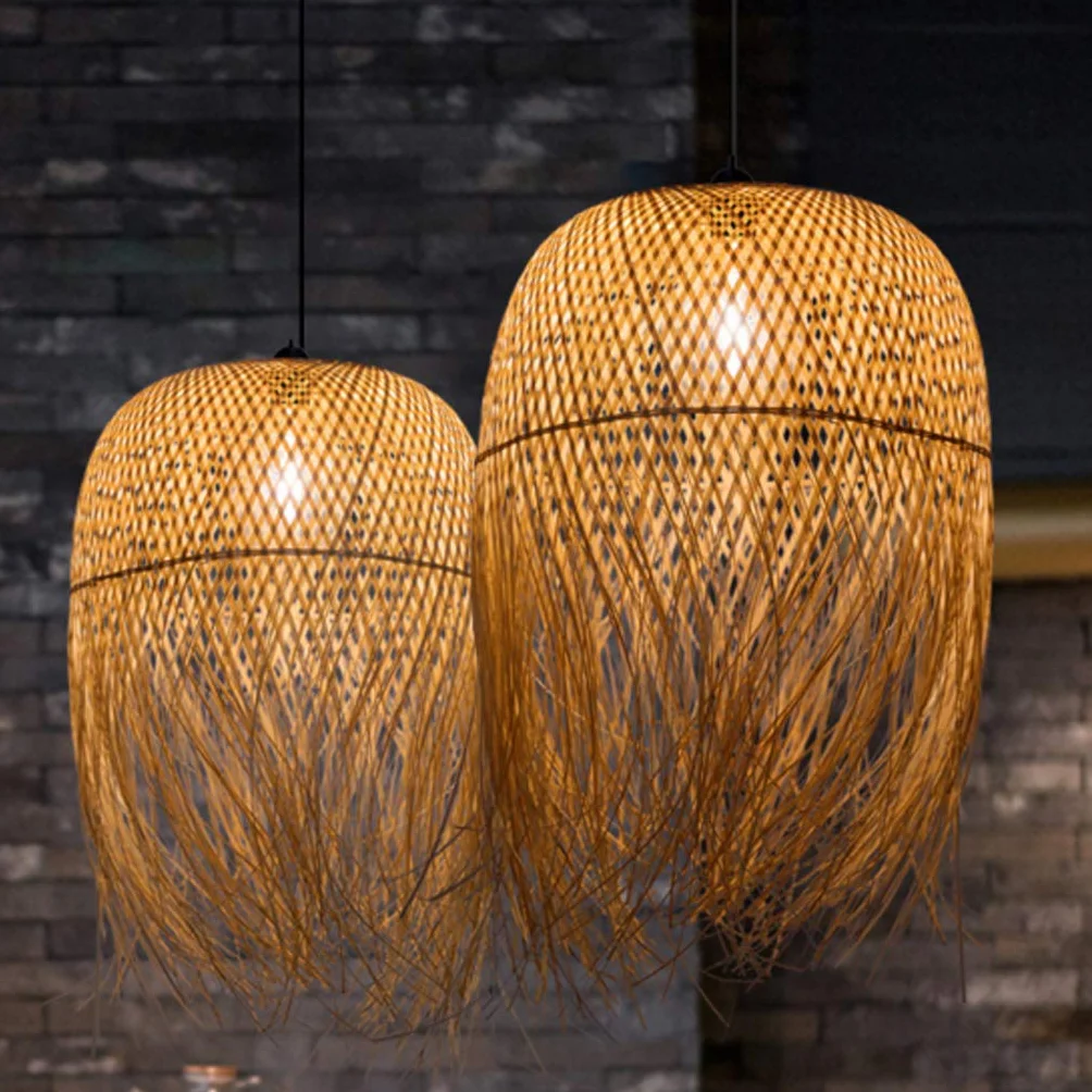 Bambusowa lampa wisząca w stylu vintage, pleciona, ręcznie wykonana, rattanowa, kreatywna lampa z regulacją wysokości, gniazdo E27, do restauracji, pijalni herbaty, kawiarni, do salonu, 62 x 45 cm