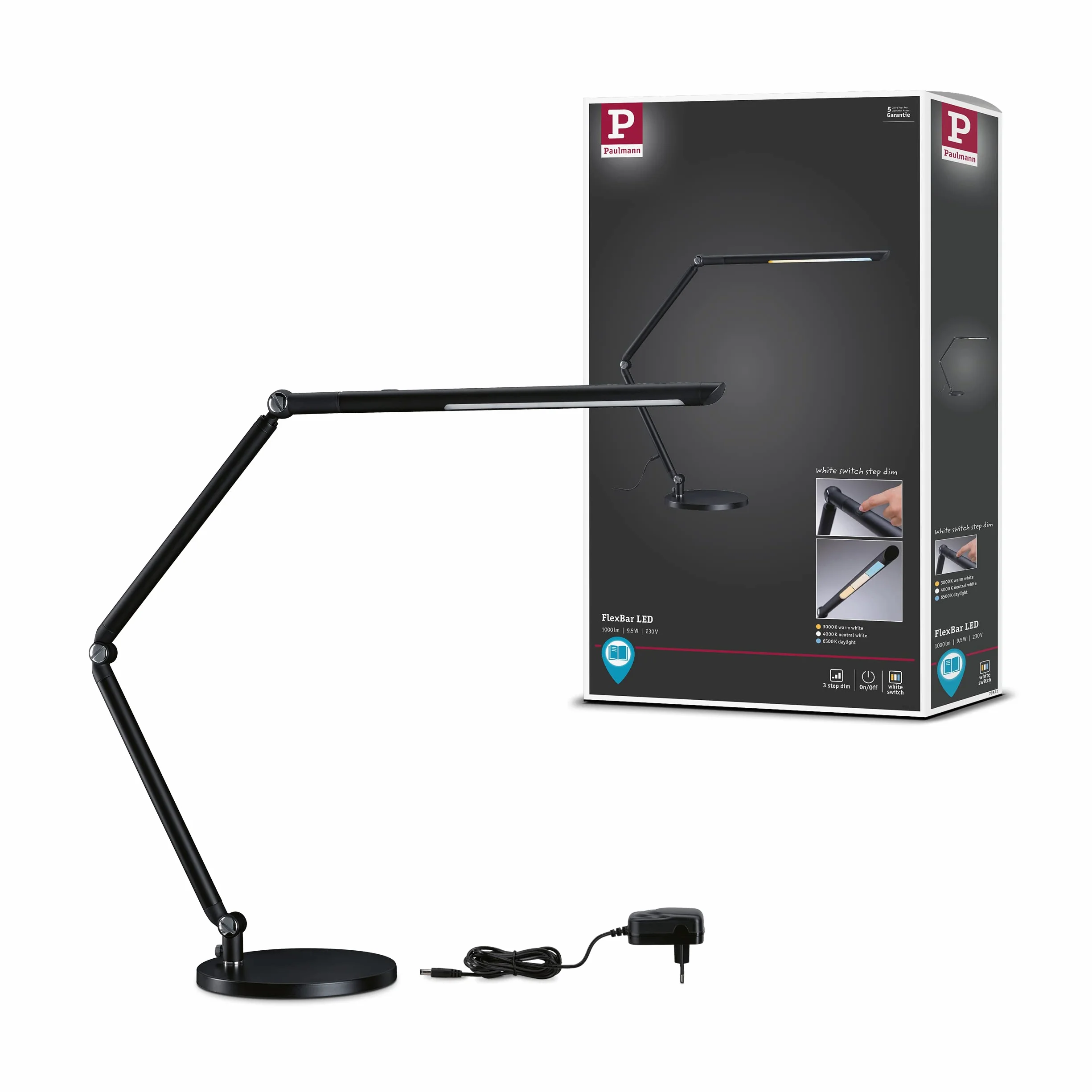 Paulmann 78912 LED lampa biurkowa FlexBar White Switch Tunable White 1x10,6 W przyciemniana, lampki pomocnicze, kolor czarny, lampa na stół 3000 K