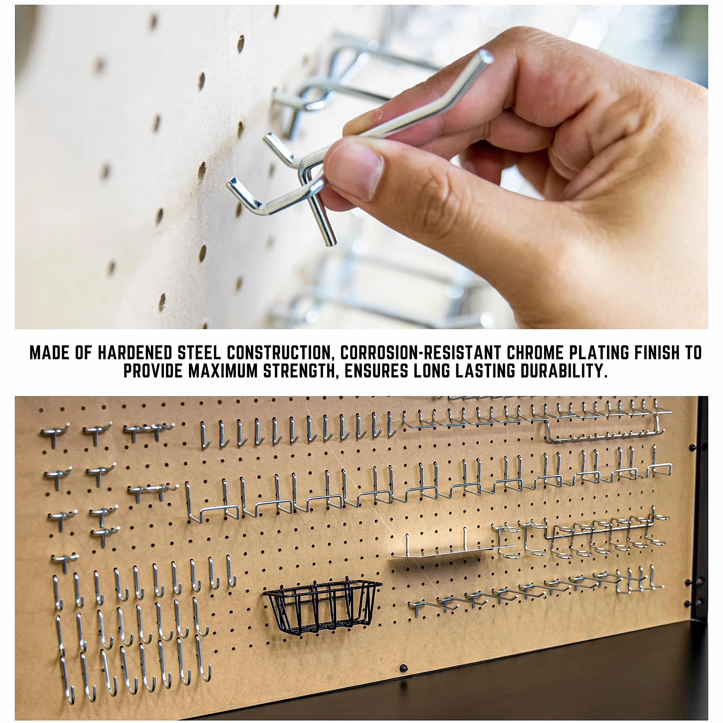 HILTEX 100-częściowy zestaw metalowych organizerów do garażu, haczyki do pegboardów, pojemniki i narzędzia, 1/4 haczyki