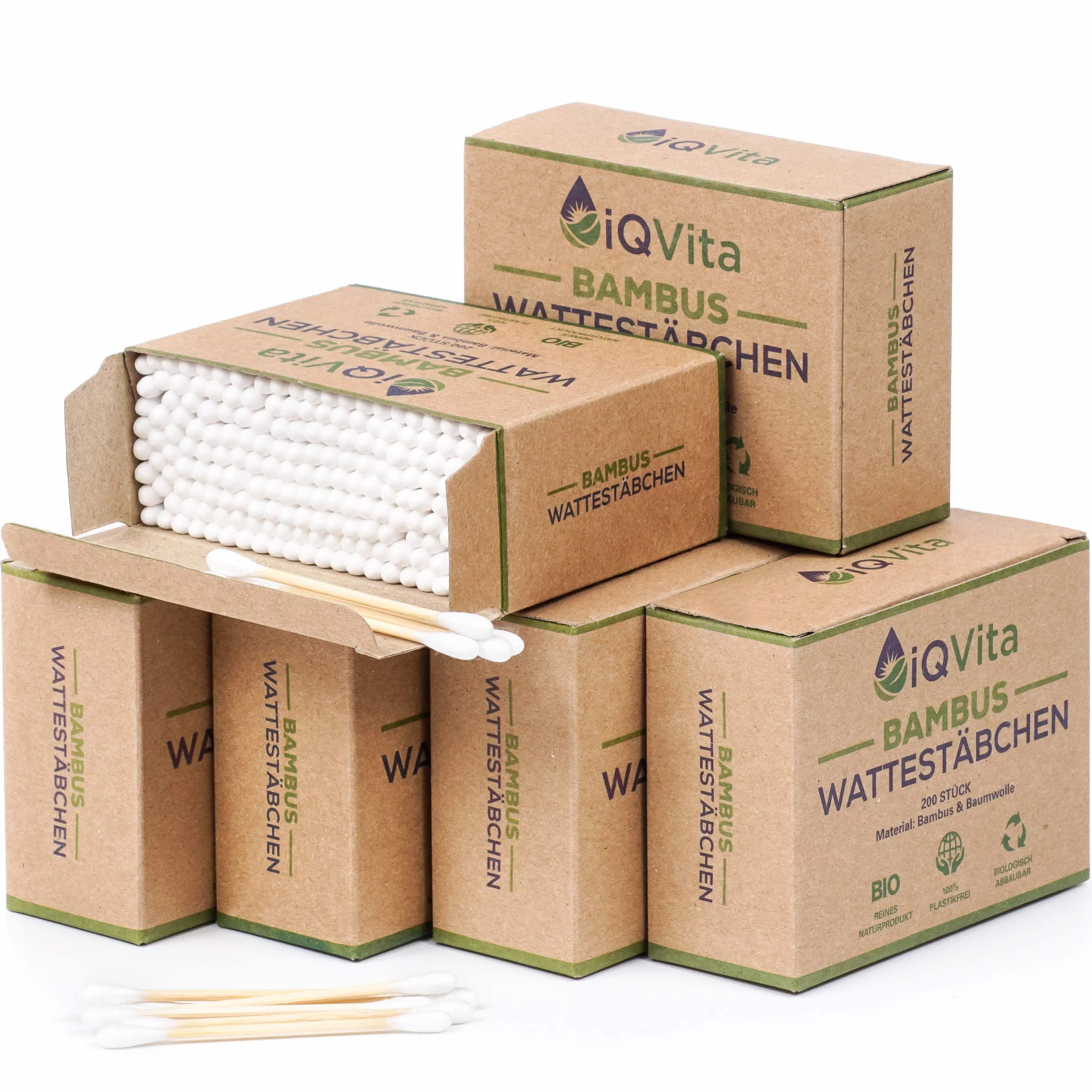 1200 bambusowych patyczków higienicznych (6 x 200 sztuk) – w 100% wolne od plastiku, biodegradowalne, wegańskie i trwałe – czysty produkt naturalny