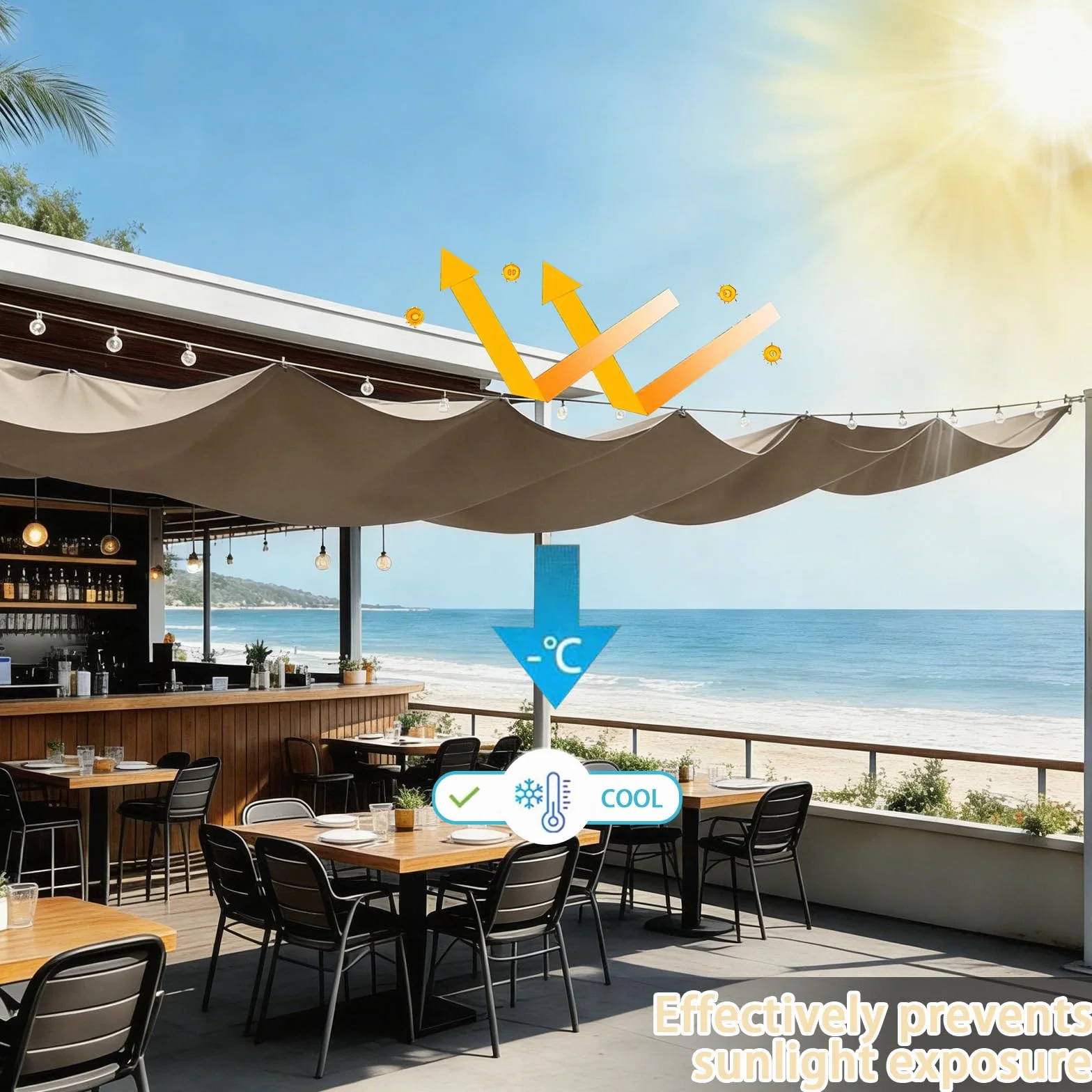 Rozwijany żagiel przeciwsłoneczny Wave, baldachim markizy Wave z oczkami i linką, regulowana osłona przeciwsłoneczna, wodoodporna pergola zewnętrzna do ogrodu, patio, trawnika-Khaki||50x400cm