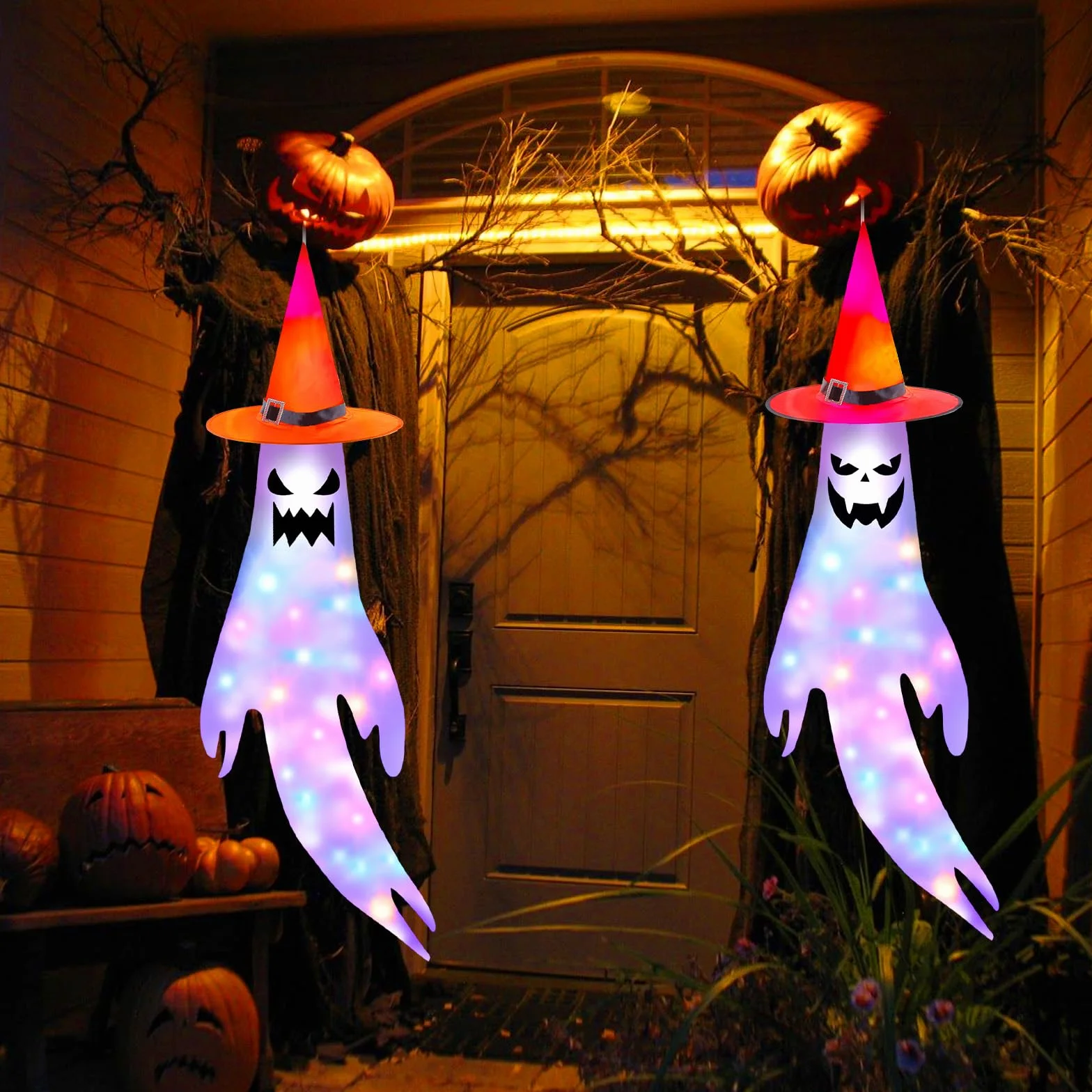 Dekoracja na Halloween wiatraki z 200 cm LED flaga ducha skarpety przeciwwiatrowe 2 sztuki