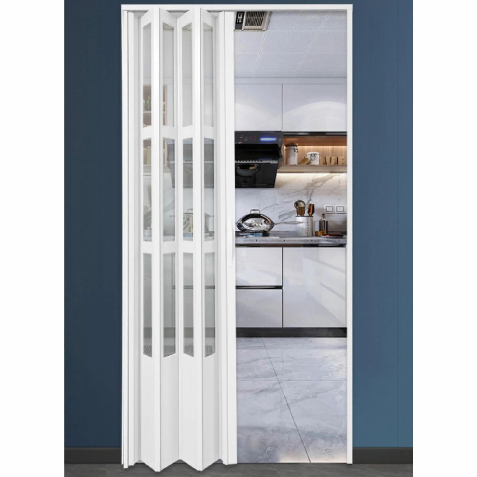 Aluminiowe drzwi przesuwne harmonijkowe białe 35x80in (88.9x203.2cm) z uchwytami i szkłem akrylowym