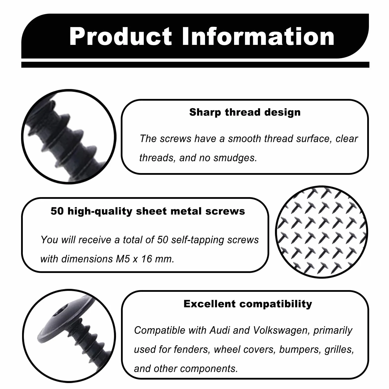 Wkręty samogwintujące M5 x 16 mm, Torx, 50 sztuk, śruby samogwintujące do błotników samochodowych, osłon kół, zderzaków, śrub M5, kompatybilne z Audi; z Volkswagen