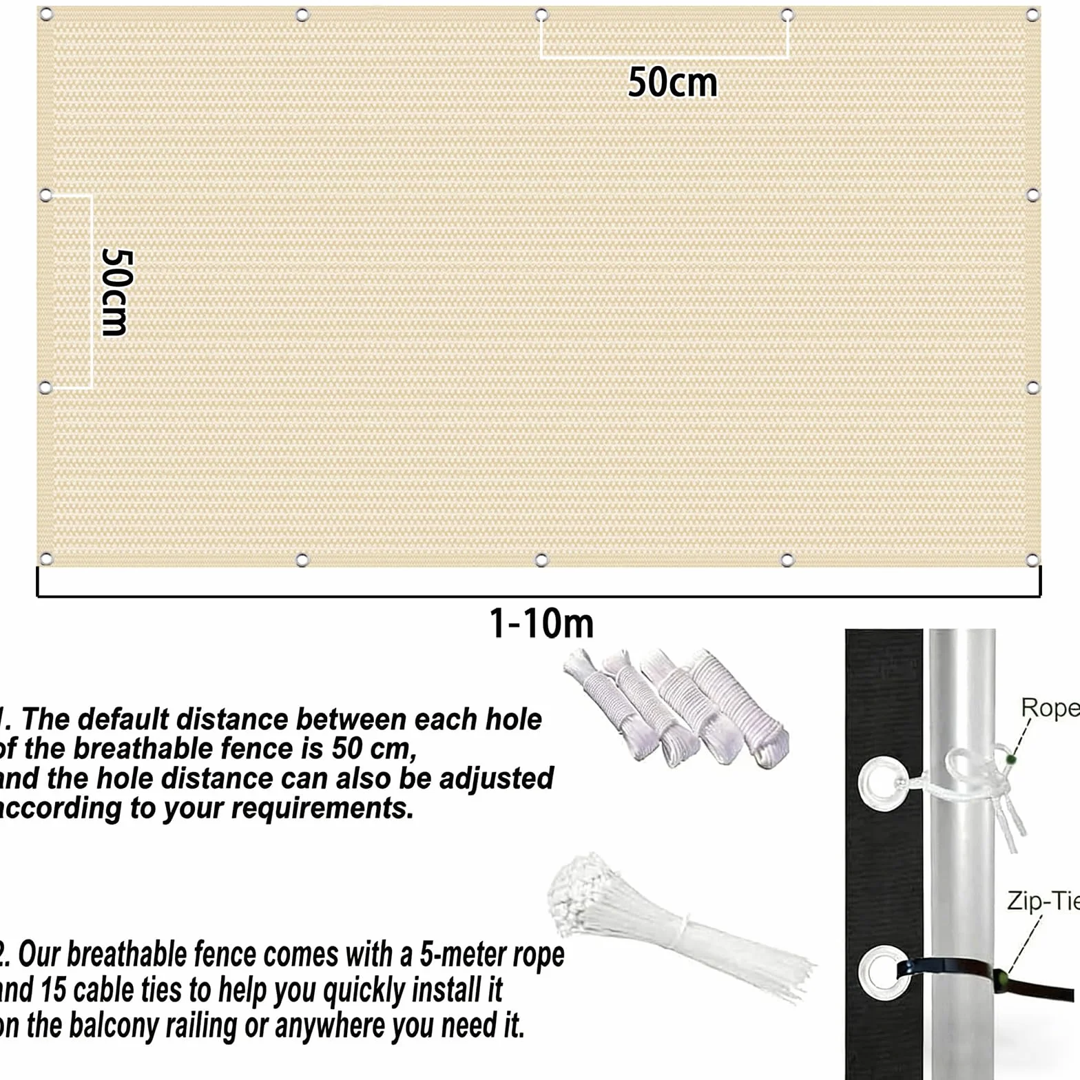 Zasłona Balkonowa 75 x 580 cm Z HDPE 220G M², Ochrona Przed Promieniowaniem Uv, Odporna Na Rozdarcia, Ogrodzenie Prywatności W Ogrodzie, Kolor kremowy