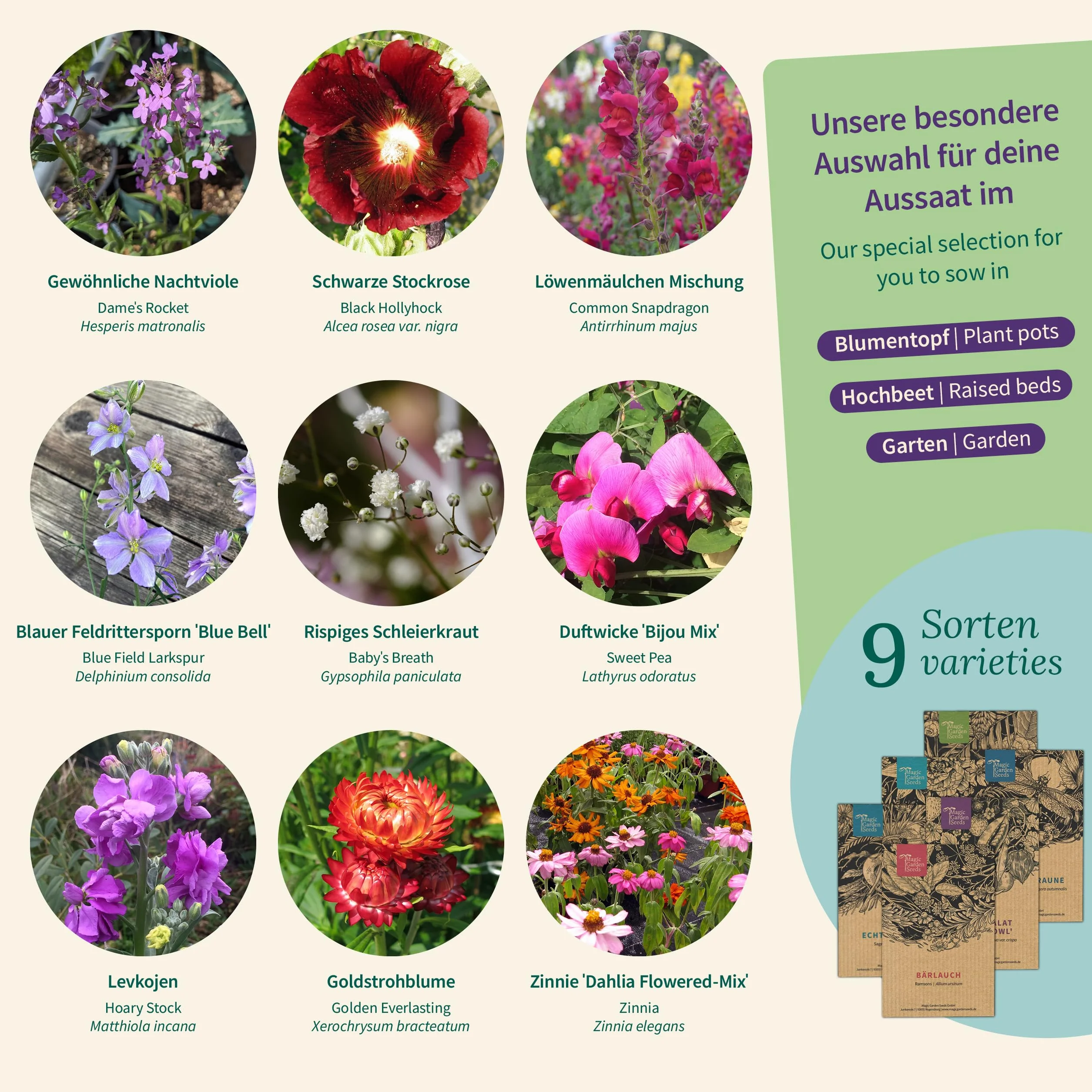 Magic Garden Seeds - Nostalgiczny zestaw nasion - 9 tradycyjnych letnich kwiatów w stylu ogrodu wiejskiego - pachnące, kolorowe i nostalgiczne - pomysł na prezent dla miłośników ogrodu