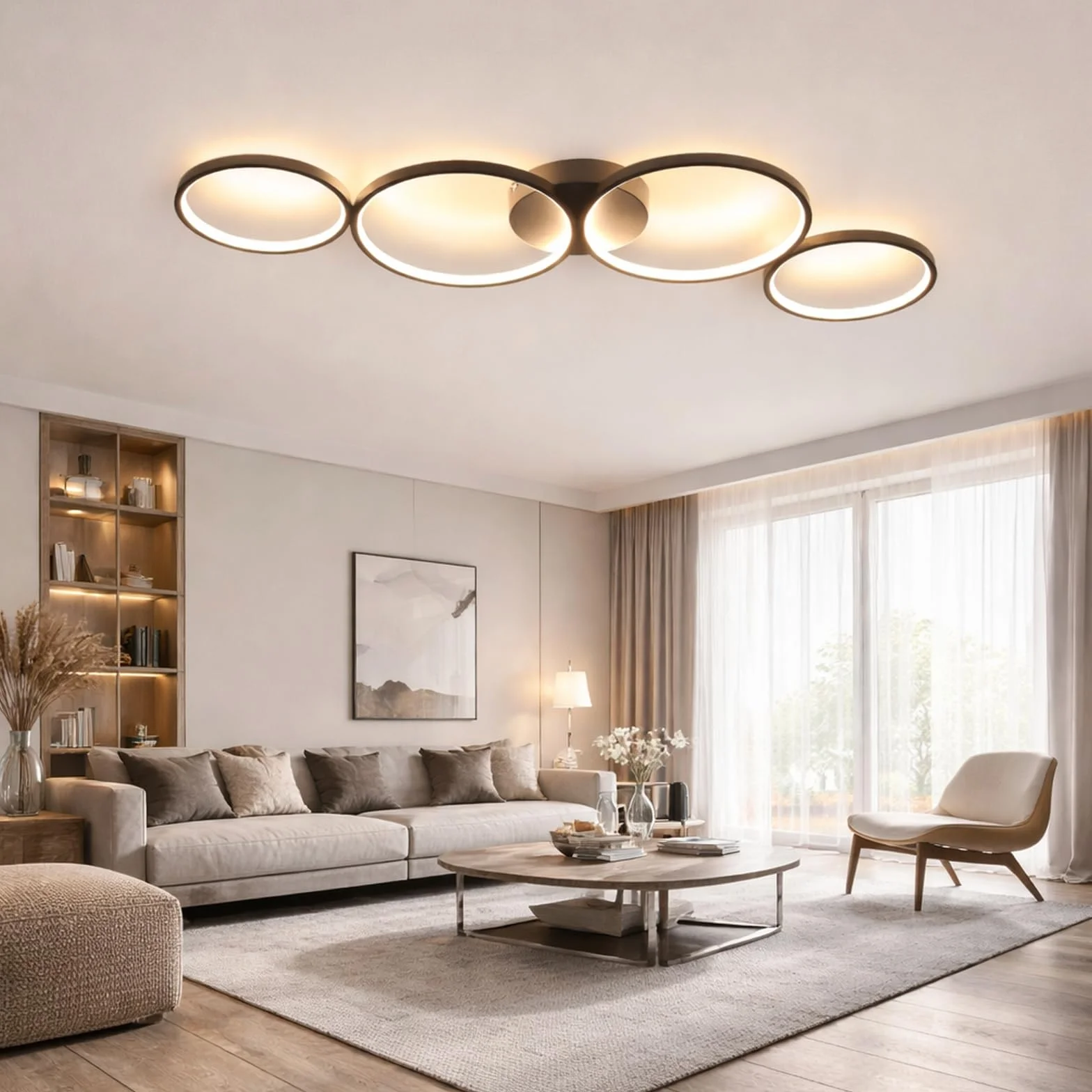 GBLY Lampa sufitowa LED nowoczesna 4 płomienie w optyce pierścieniowej | 3000k biała ciepła lampa sufitowa okrągła 37W wewnętrzna czarna lampa do salonu wykonana - salon przedpokój biuro gabinet