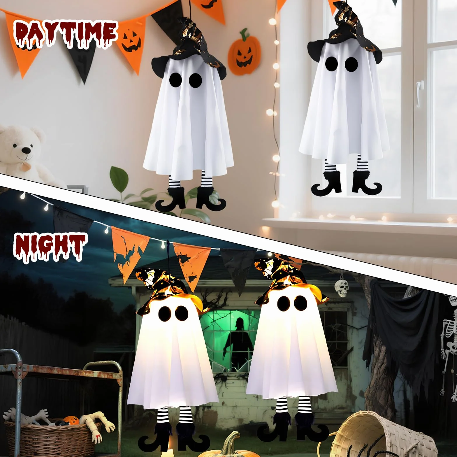 ZoneYan Zestaw 2 duchów Halloween wiszące dekoracje biały czarny