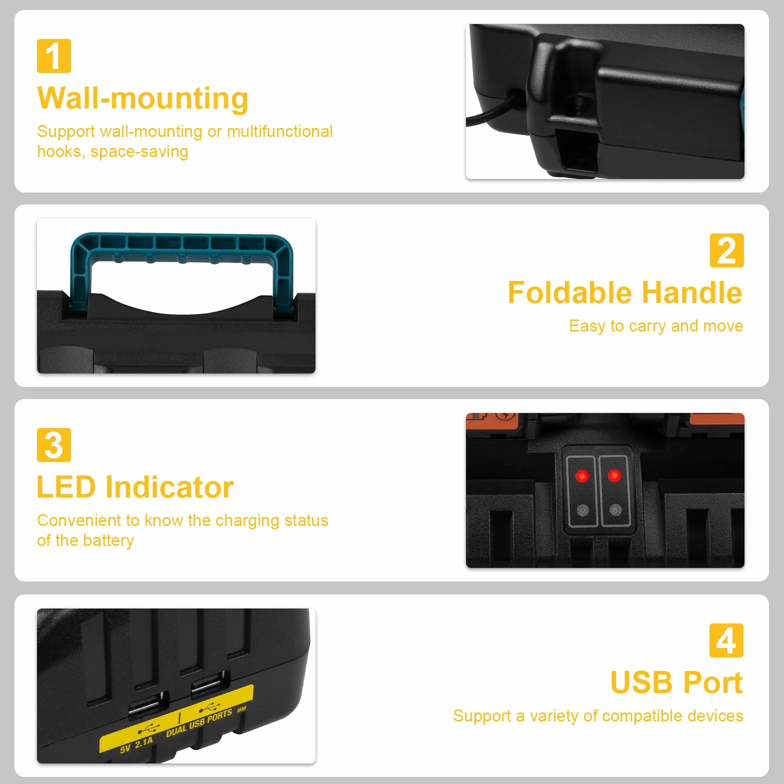 DCB104 4-portowa szybka ładowarka do akumulatora DeWalt 20V/60V Max, z portem USB kompatybilna z baterią DeWalt 20V/60V DCB206 DCB208 DCB205 DCB606 DCB609Y DCB612 i ładowarką DCB104 DCB107 DCB1155
