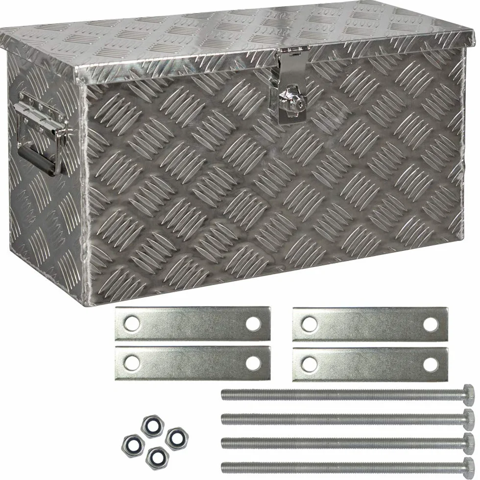 Trucky Skrzynka na samochód z aluminium, model D040, 59 x 25 x 31 cm, zamykana, wytrzymała blacha ryflowana, łącznie z zestawem montażowym, do warsztatu, samochodu, hobby