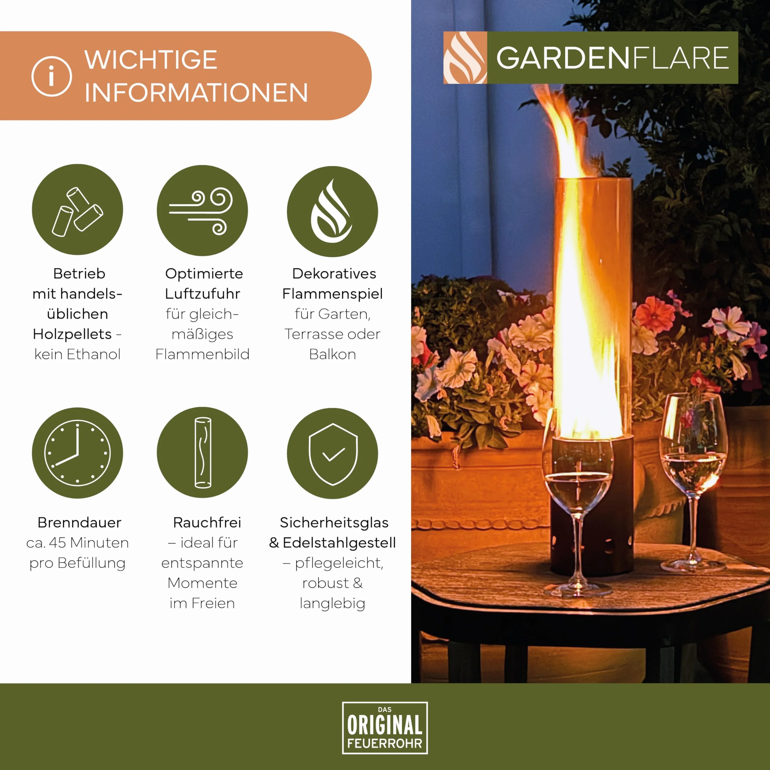 GARDENFLARE Kominek stołowy do użytku na zewnątrz – bezdymna stal nierdzewna, ogień stołowy i rura paleniskowa na balkon i taras – wysokiej jakości dekoracja ogrodowa, lampion z zasilaniem pelletem