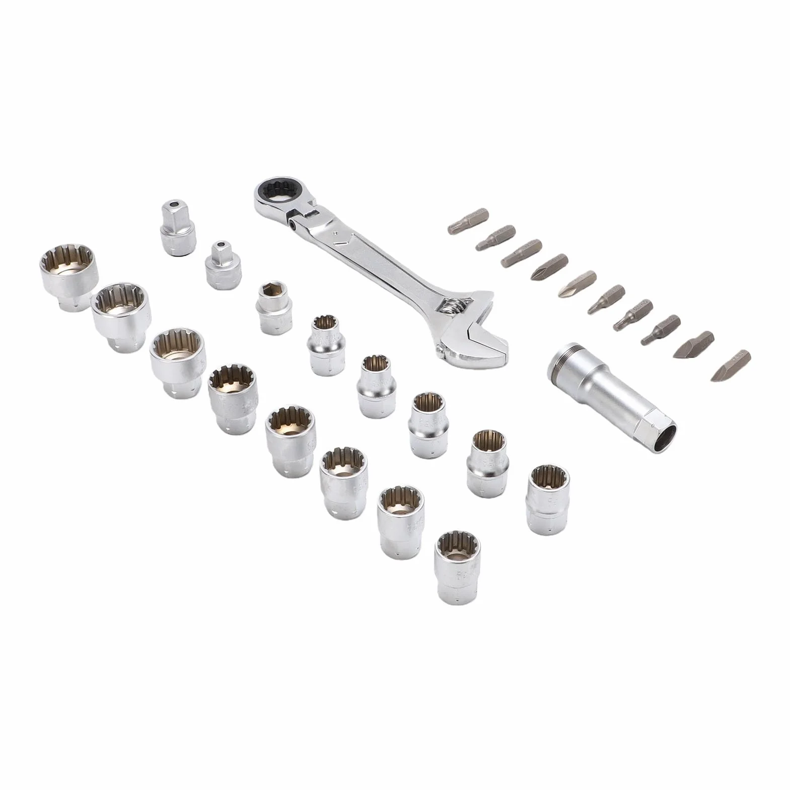 Eujgoov Dwustronny Klucz Grzechotkowy 19 Mm Zestaw Nasadek Przelotowych Spline 13 szt. Nasadek Metrycznych 3/8 Cala 10–24 Mm z Adapterami Szybkozłącza Przedłużka i Końcówki do Dokręcania