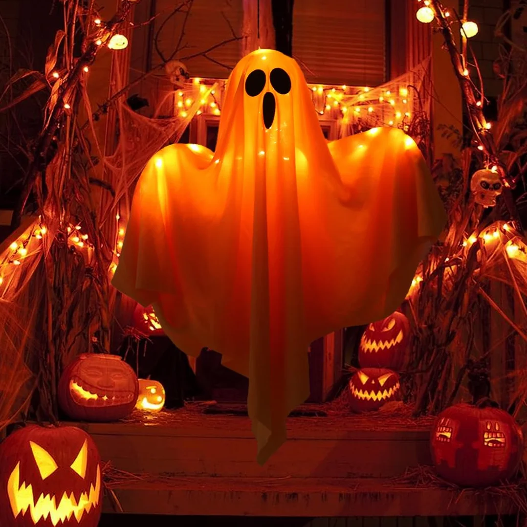 Dekoracja na Halloween, 3-częściowy wiszący duch z oświetleniem, dekoracja w kształcie chorągiewki LED (pomarańczowe światło), do ogrodu na Halloween, wewnątrz i na zewnątrz