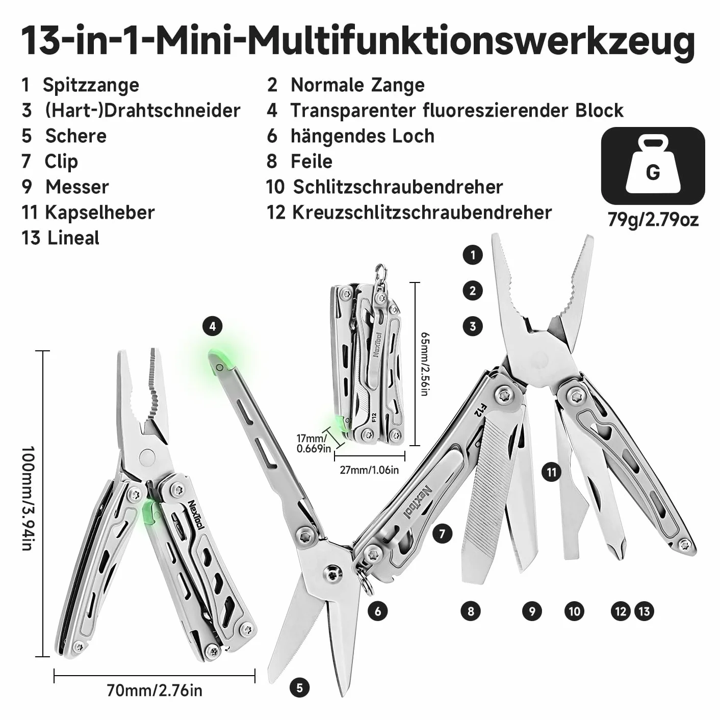 NexTool Multitool, F12 Mini Flagship narzędzie wielofunkcyjne 13 w 1, narzędzie wielofunkcyjne do breloczków z nożyczkami ząbkowanymi, pilnikiem, blokadą bezpieczeństwa, ulepszenie stali 80CrMoV14 do