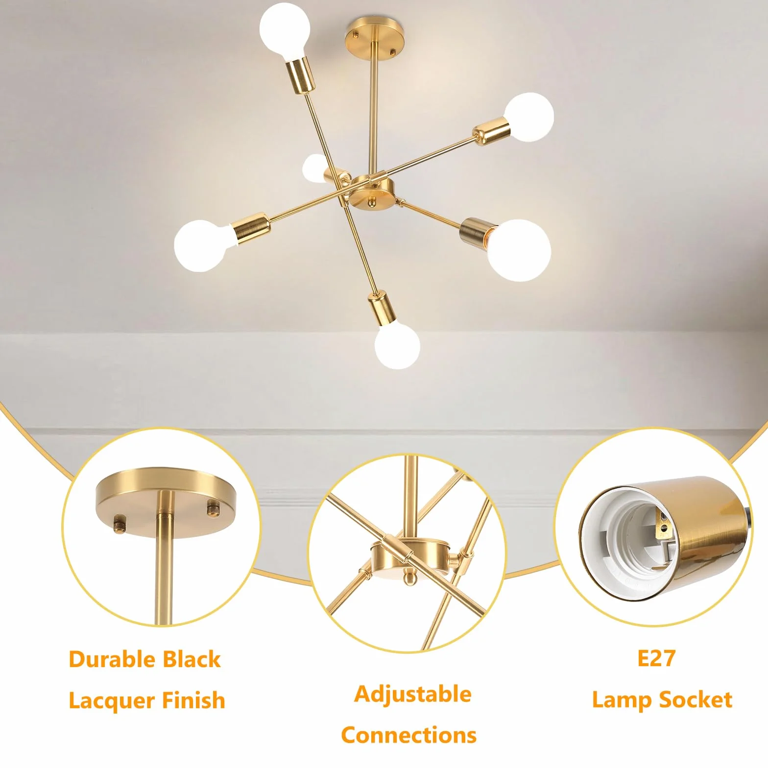 iDEGU żyrandol przemysłowy, 6 świateł, lampa sufitowa, LED, vintage, metalowa, regulowana, zawieszka, E27, oświetlenie retro, lampa sufitowa, do salonu, kuchni, jadalni, sypialni (złota)