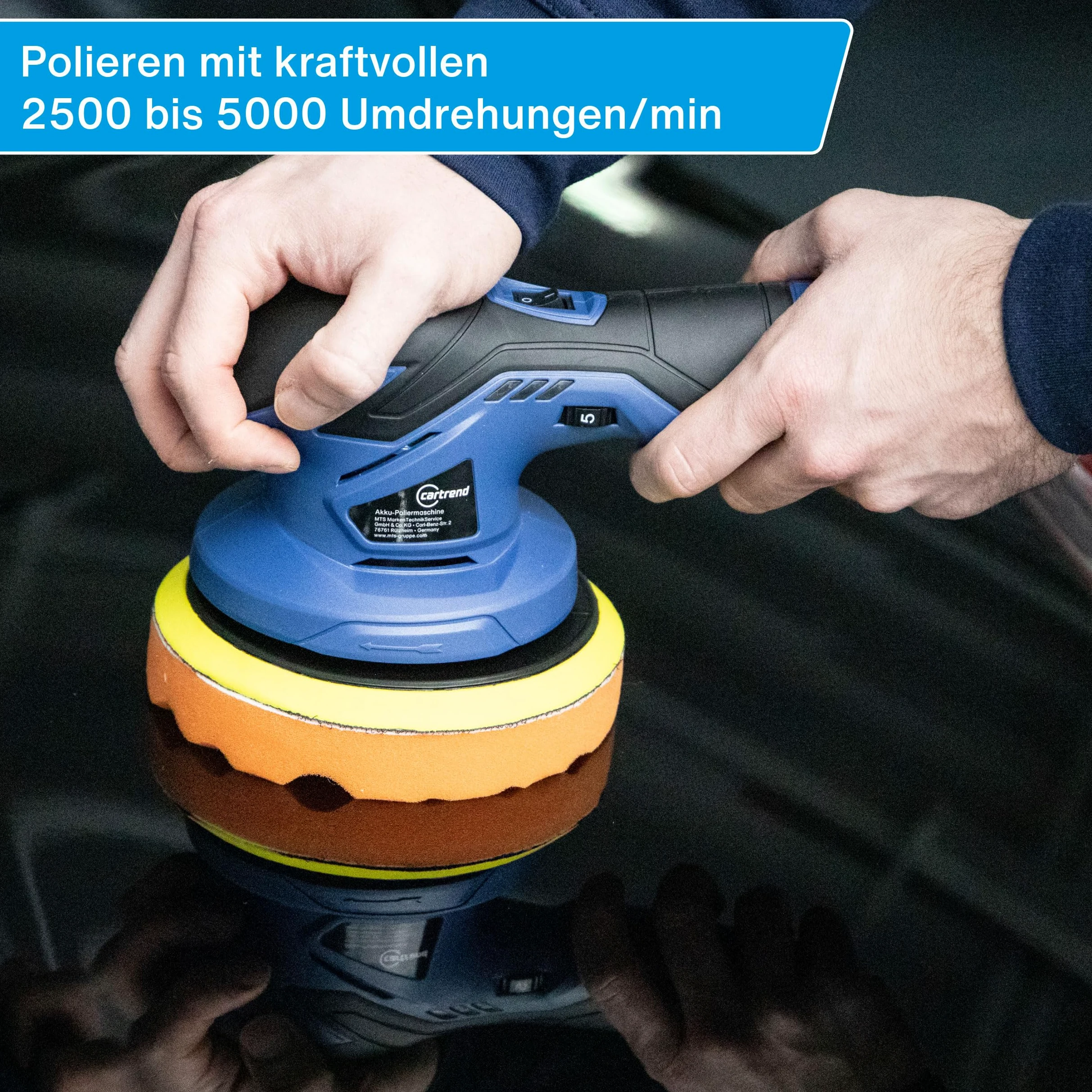 cartrend Akumulatorowa maszyna do polerowania, 2500 – 5000 obr./min (6 stopni), wymienne akumulatory 12 V, 2 x nakładki polerskie, 1 x gąbka polerska, cicha praca, średnica talerza 150 mm