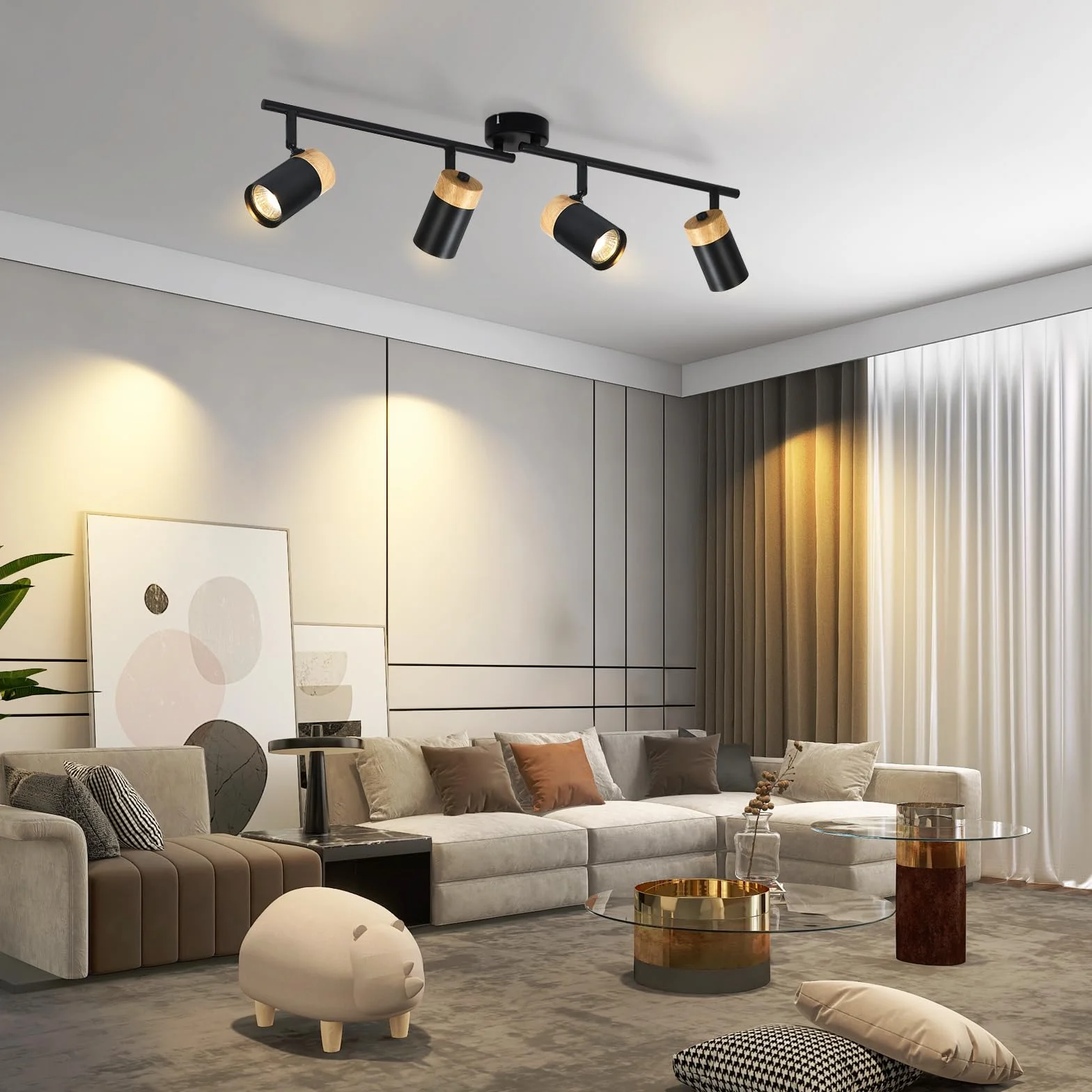 Glitzerlife sufitowy reflektor drewniany czarny lampa sufitowa - lampa sufitowa 4 płomienie GU10 LED obrotowy 330° reflektor do salonu sypialni kuchni pokoju dziecięcego bez żarówek