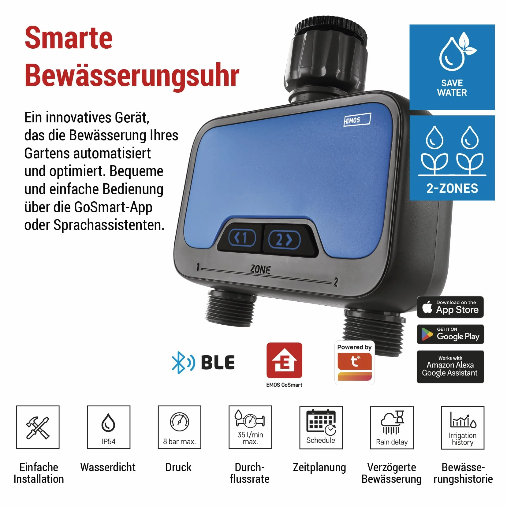 EMOS Inteligentny zegar nawadniający ZigBee 2 wyjścia 8 bar 35 l/min 1″ 3/4″