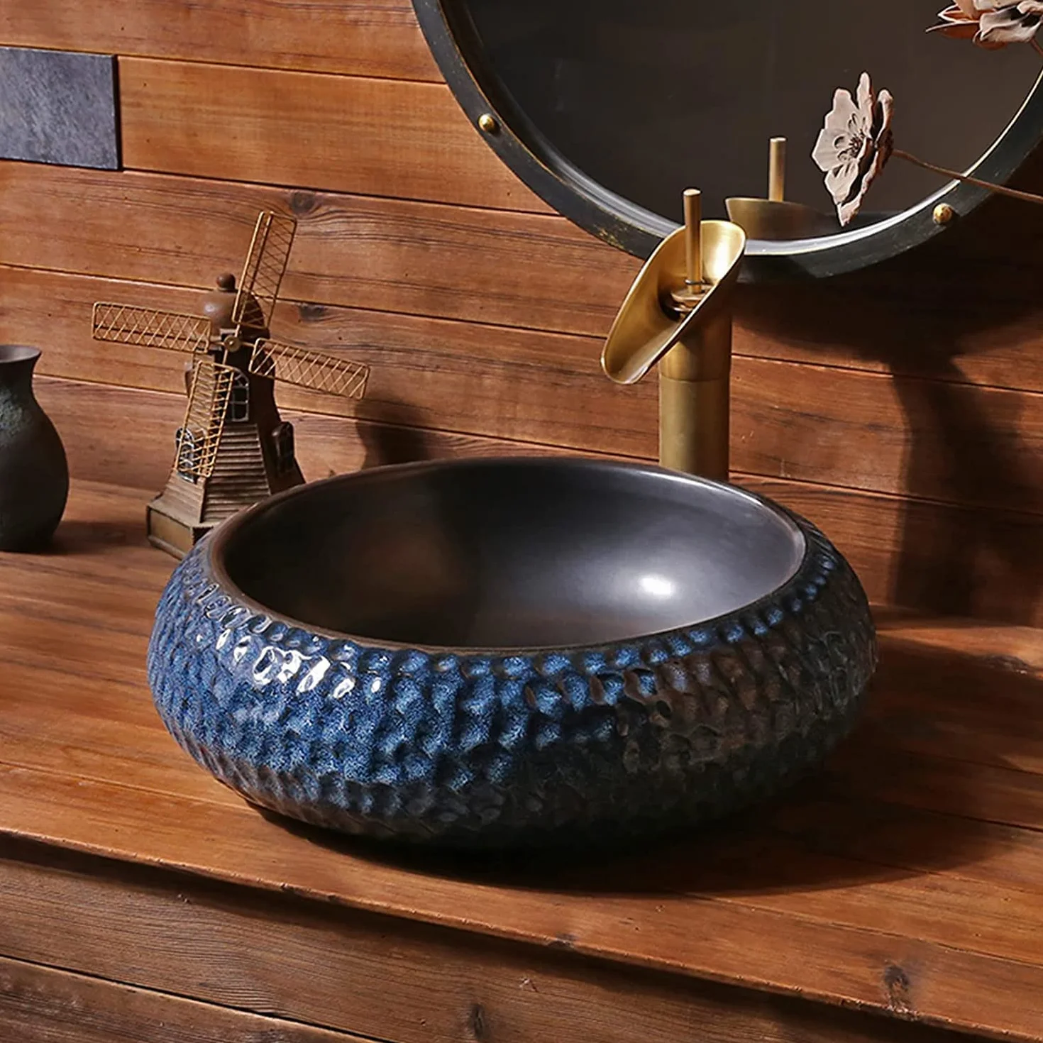 Ceramiczna Umywalka Łazienkowa, Ceramiczna Umywalka Nablatowa, Okrągła, W Stylu Industrialnym, Do Łazienki, W Stylu Retro, Do Garderoby, Ręcznie Rzeźbiona Umywalka Nablatowa