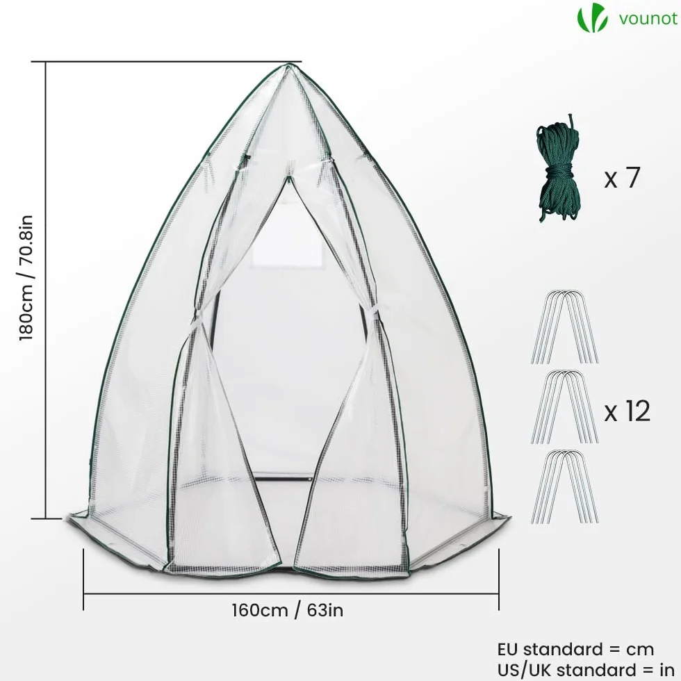 VOUNOT Szklarnia Ogrodowa PE Zimowa, Kopuła na Warzywa i Kwiaty, Tipi ze Wzmocnioną Plandeką 135g/m2 na Pomidory, Balkon i Taras, Mała 160 x 160 x 180