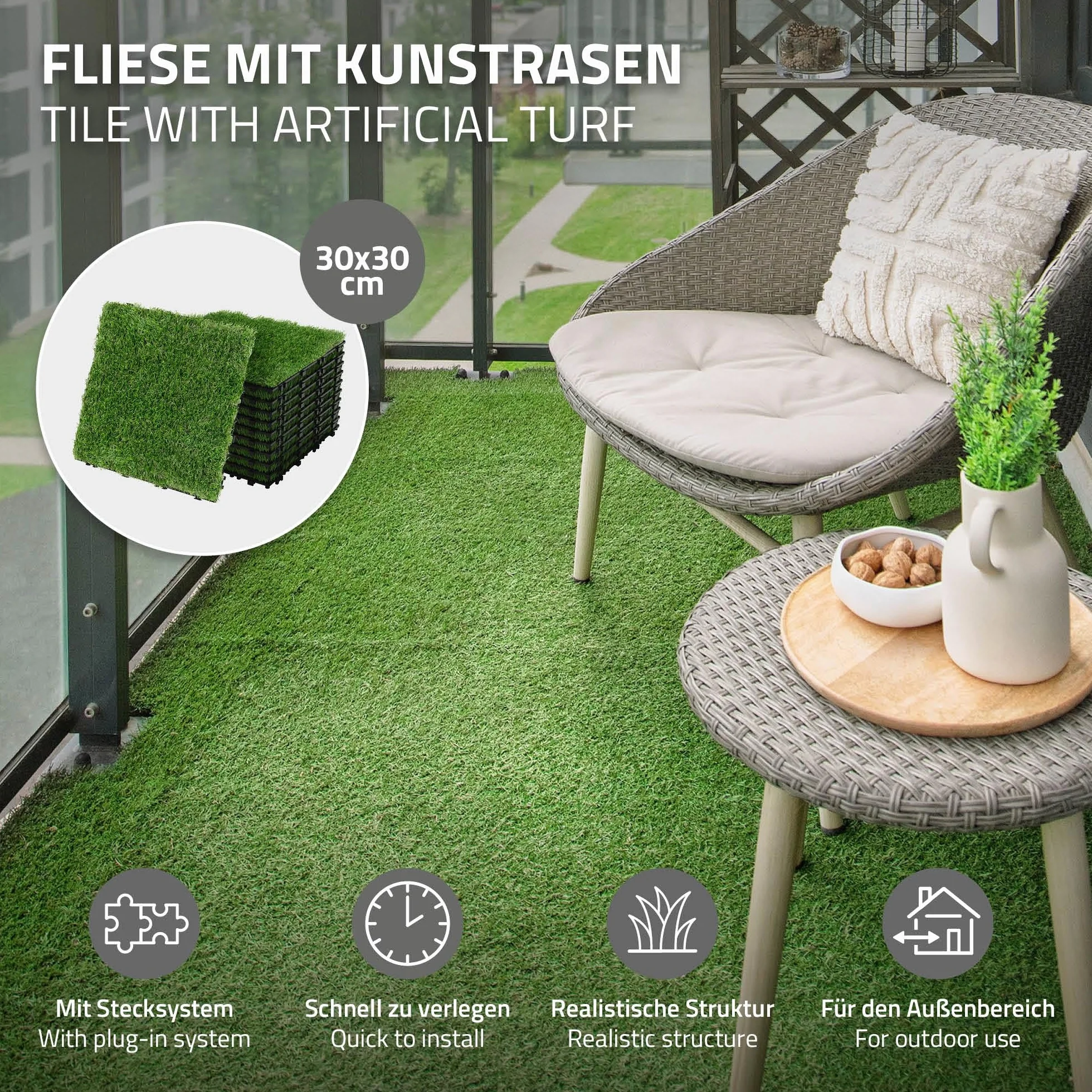 ML-Design Sztuczna Trawa 30x30 cm 3 m² Click System Odporna na UV