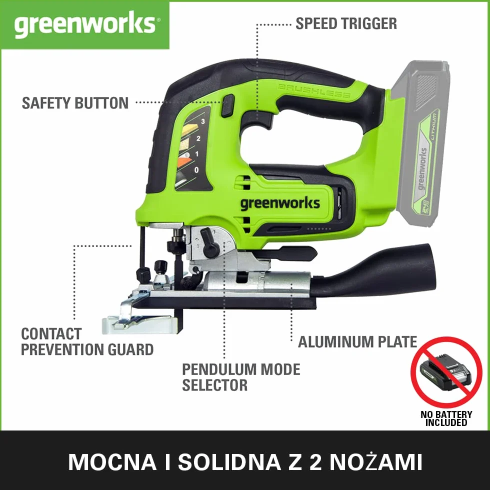 Greenworks GD24JS Wyrzynarka Akumulatorowa, 3000 obr./min, Regulowana Podstawa do 45°, Przystawka Próżniowa BEZ Baterii i Ładowarki 24V
