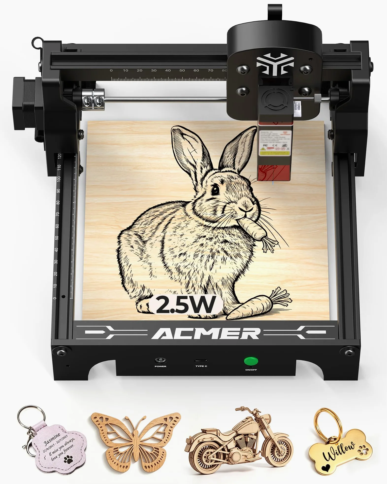 Acmer T1 Maszyna do grawerowania laserowego 2,5 W, przenośne mini urządzenie do grawerowania, precyzyjna wycinarka laserowa 0,01 mm, obszar roboczy 130 x 130 mm, grawerka laserowa do drewna, skóry