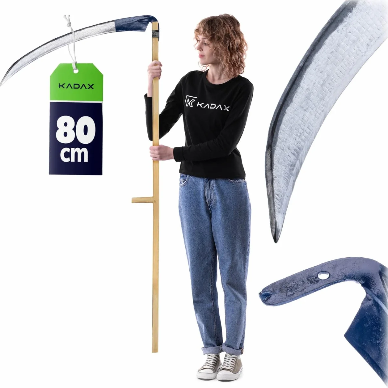 KADAX Kosa ręczna 80cm metalowa, składana konstrukcja, pewny chwyt, do wykaszania traw i chwastów na działce i w ogrodzie