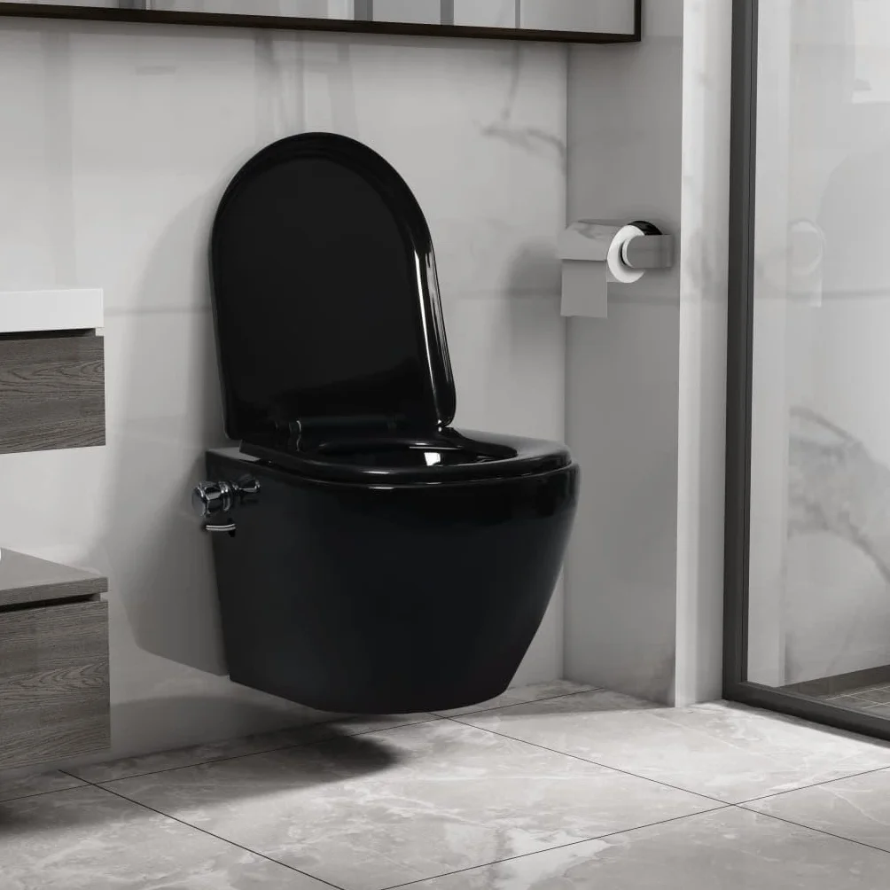 Wc ścienna bez krawędzi spłukiwania, ceramiczna czarna z funkcją bidetu, oszczędność miejsca design do łazienki, łącznie z elementami mocującymi, wolnoopadająca i łatwa w pielęgnacji