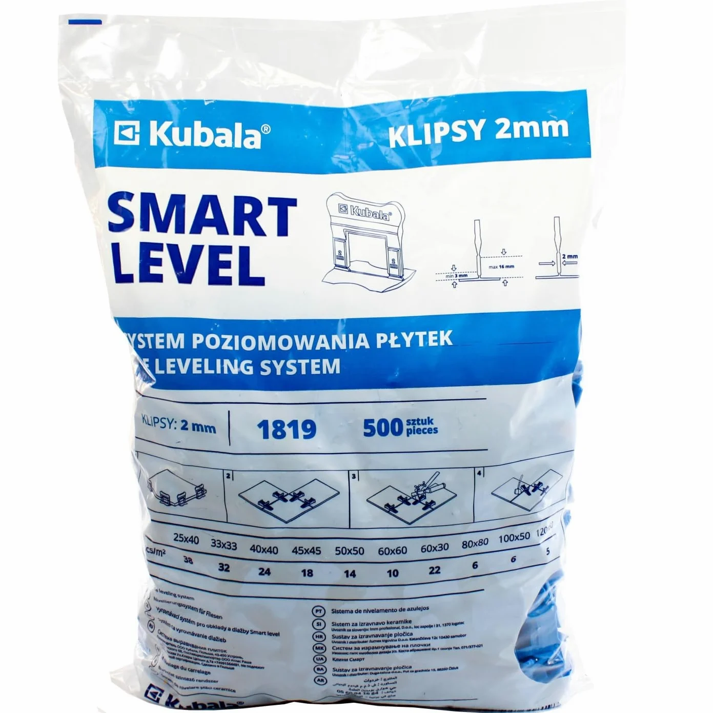 KUBALA SMART LEVEL KLIPSY DO POZIOMOWANIA PŁYTEK 2MM ZESTAW 1500 SZTUK