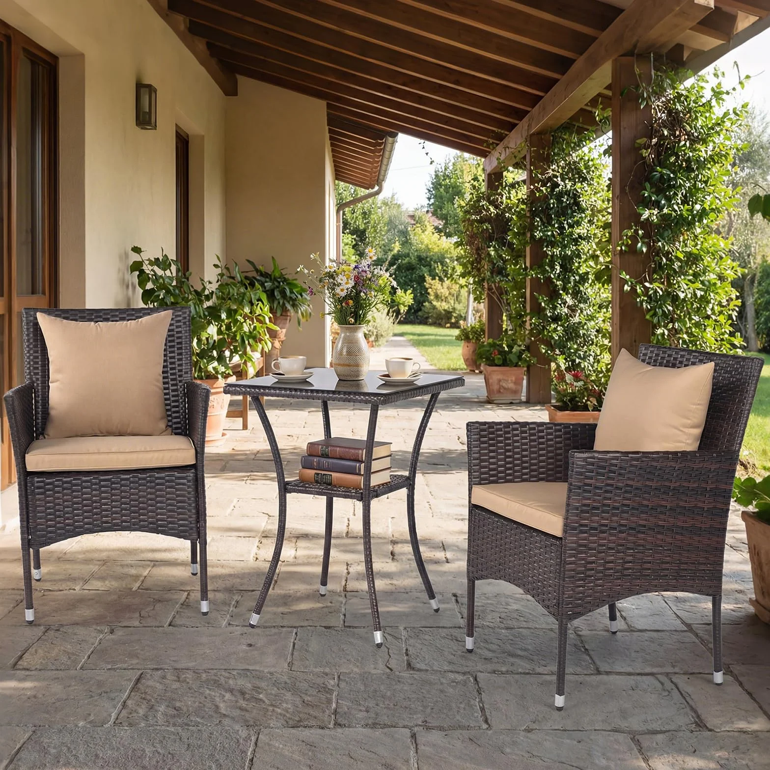 COSTWAY Zestaw mebli ogrodowych z rattanu, meble balkonowe na mały balkon, meble balkonowe z 2 fotelami, szklannym stolikiem i poduszkami, 2-osobowa ławka ogrodowa, zestaw do siedzenia do ogrodu