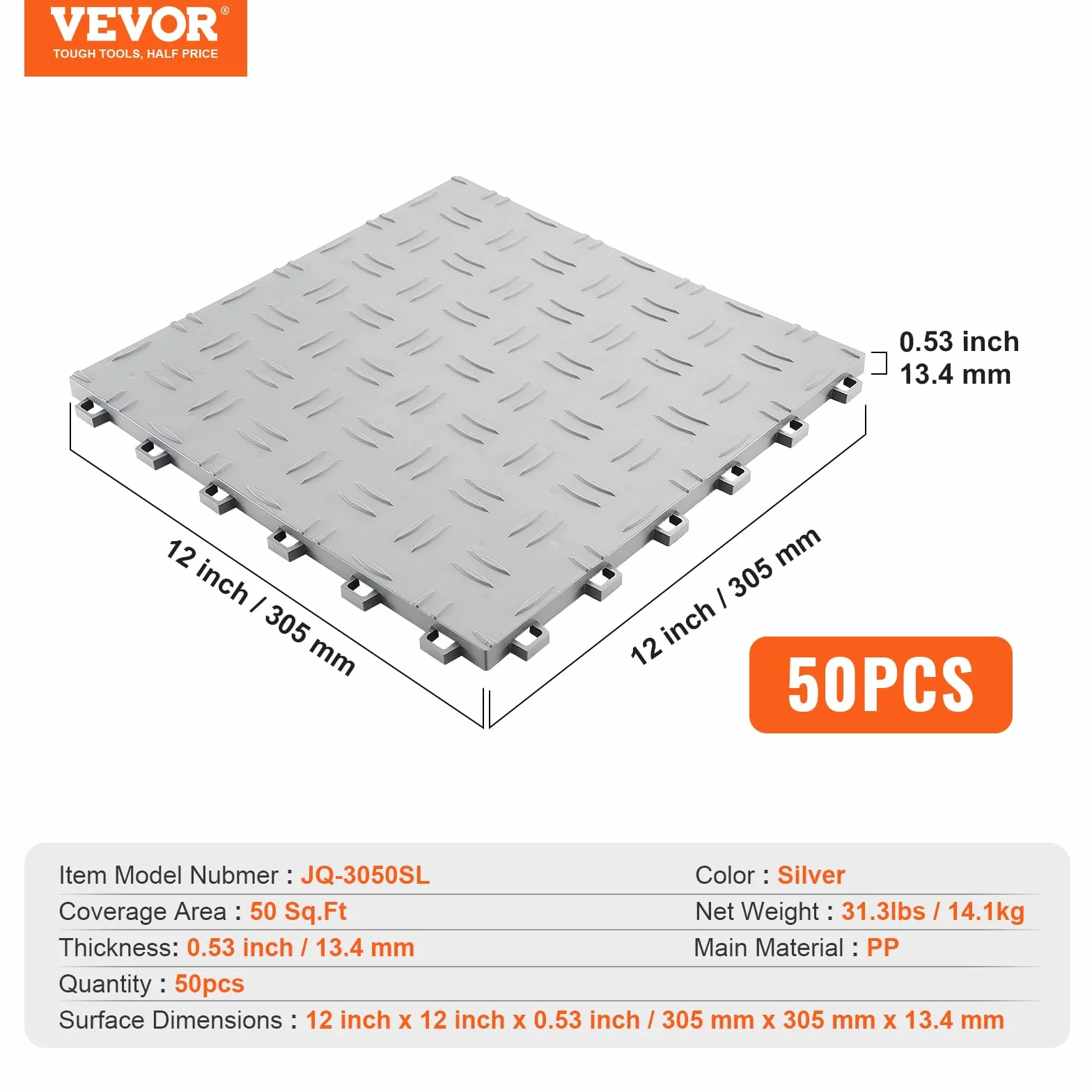 VEVOR Blokujące płytki garażowe 50 sztuk Płytki podłogowe PP do garażu 305 x 305 x 13,4 mm Dwustronna antypoślizgowa tekstura do garaży piwnic warsztatów naprawczych srebrny