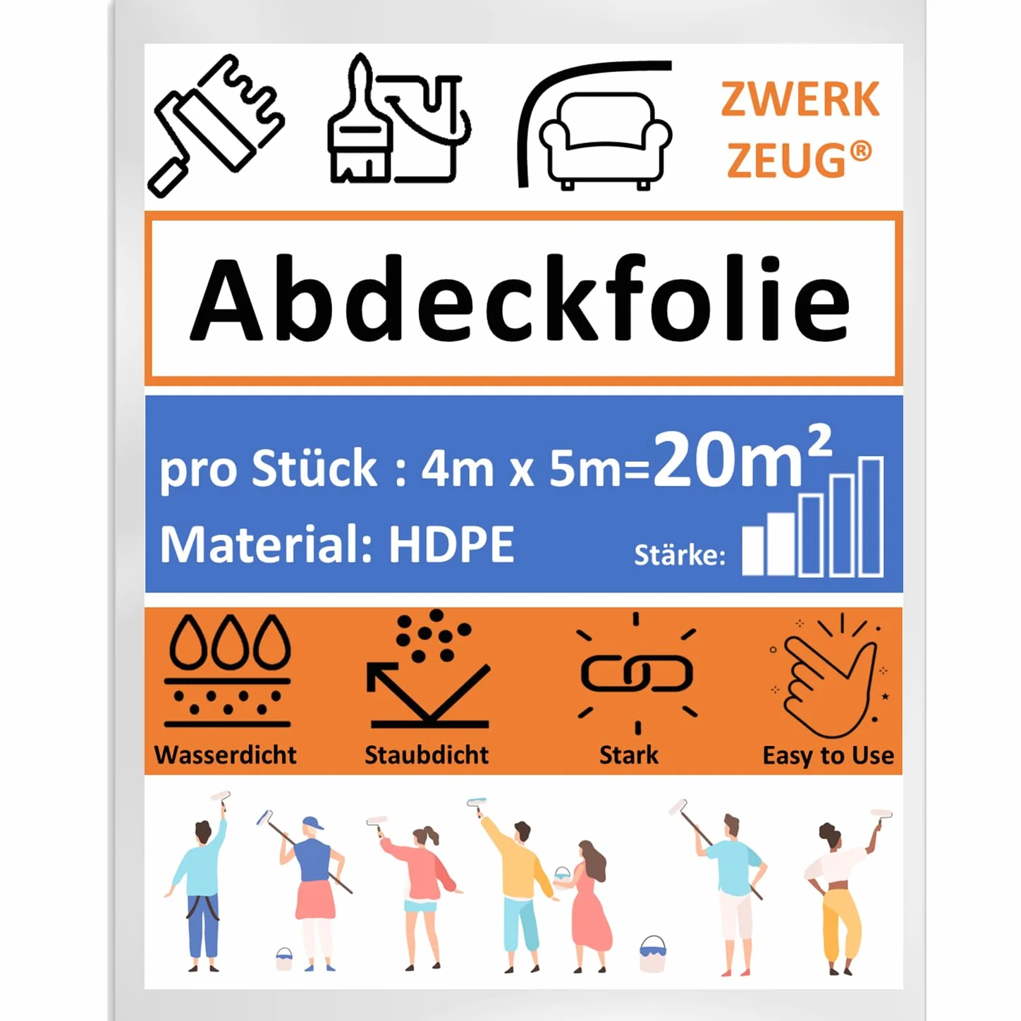 10 x ZWERKZEUG® zestaw 10 sztuk po 4 m x 5 m folia malarska przezroczysta folia ochronna przeciwpyłowa folia plastikowa uniwersalna folia malarska folia malarska plandeka pokrywająca plandeka do