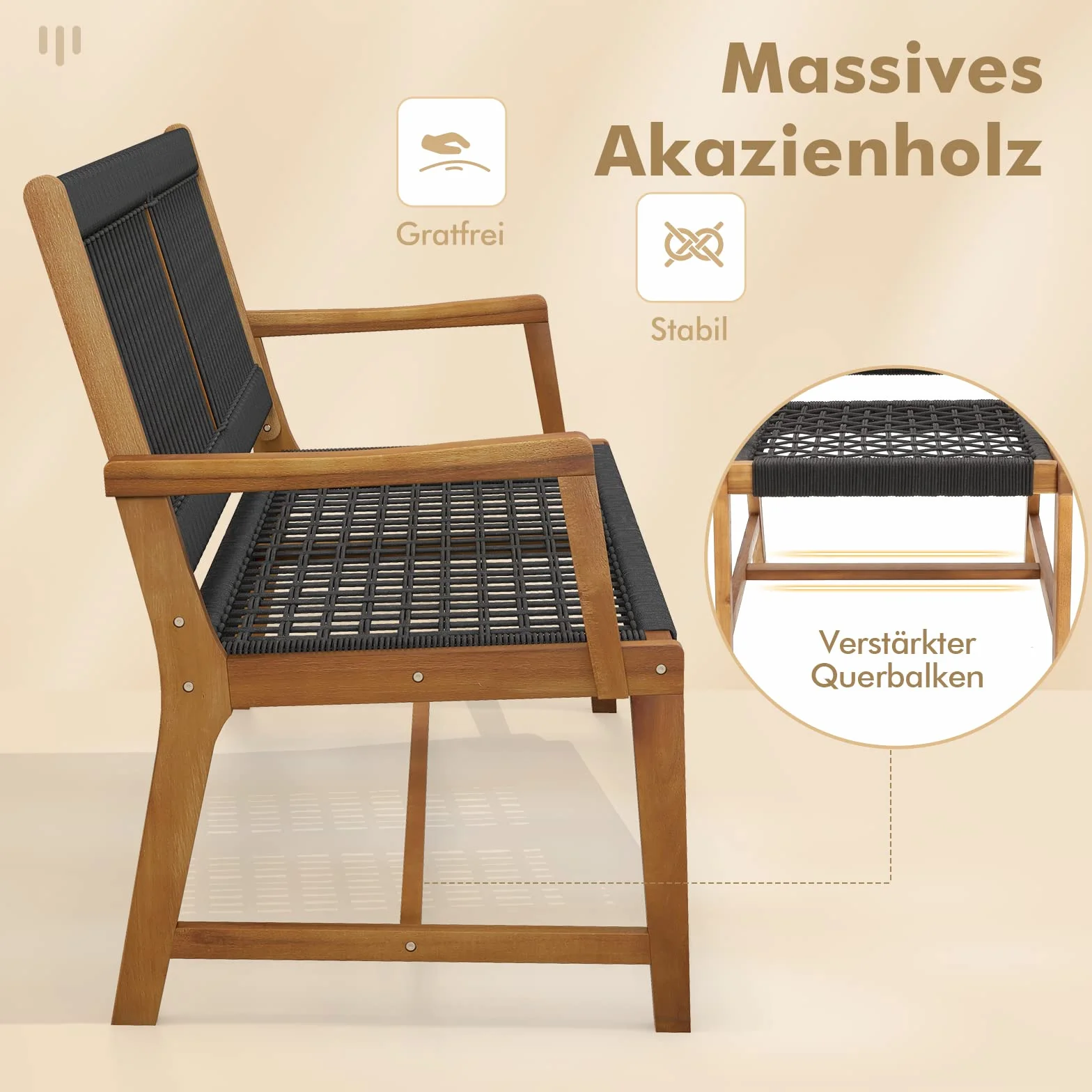 COSTWAY Krzesła ogrodowe zestaw 2 sztuk z drewna akacjowego i plecionki linowej nośność 160 kg