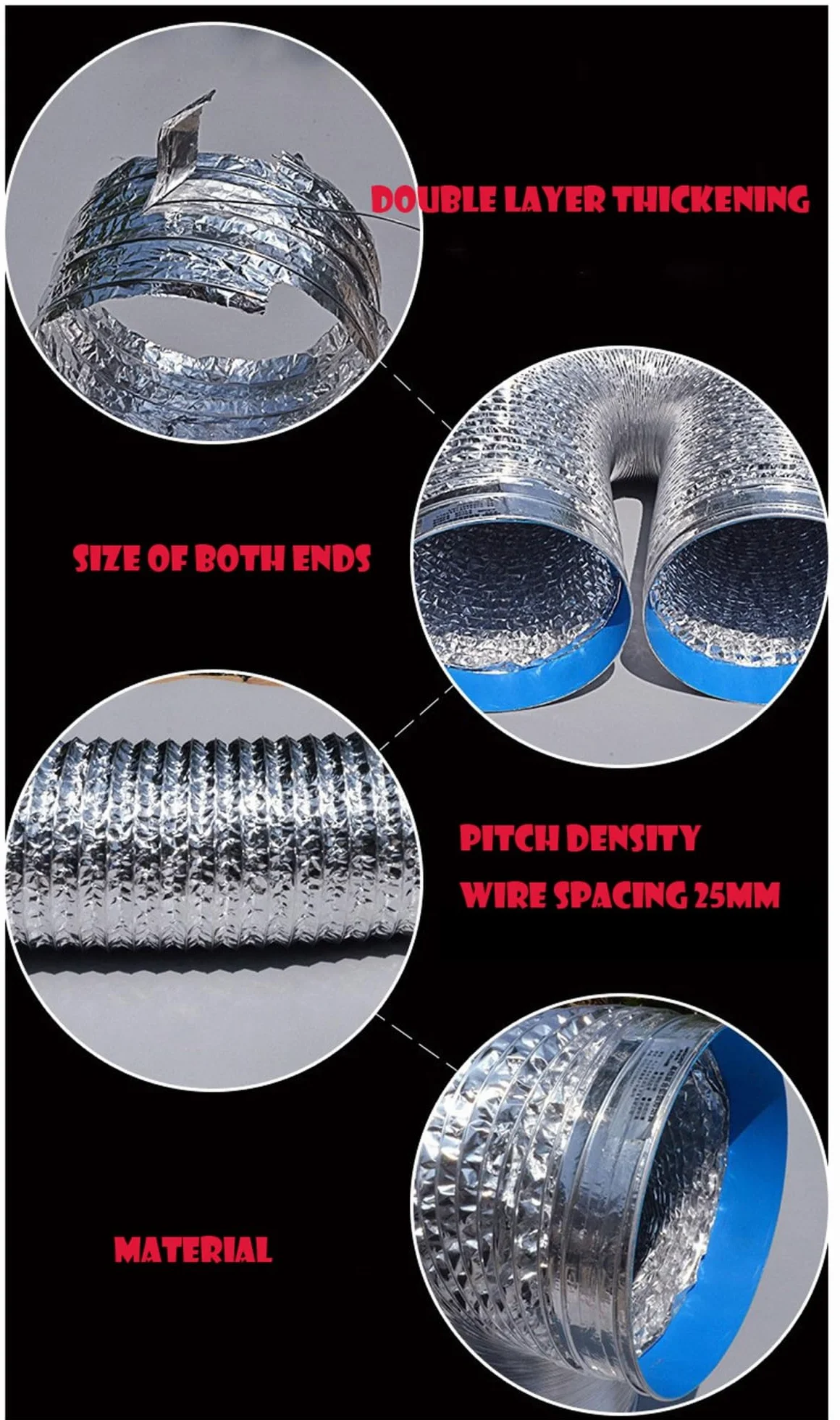 Aluminiowe węże wyciągowe, Wąż elastyczny Ø 80-200 mm W zestawie 2 opaski zaciskowe i 1 taśma aluminiowa(4m,150mm)