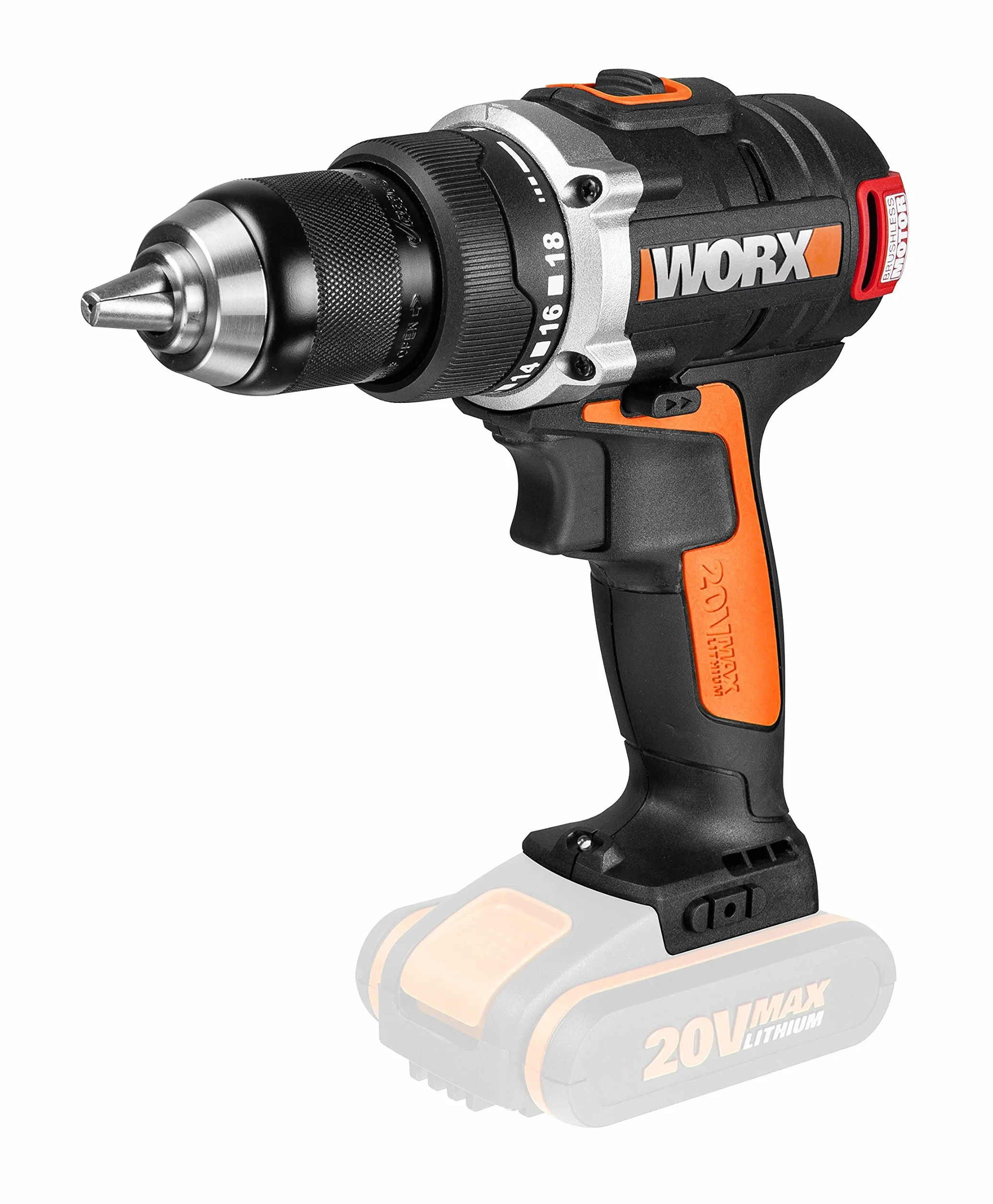 WORX WX175.9 wiertarko-wkrętarka akumulatorowa 20 V – bezszczotkowa wkrętarka akumulatorowa – 60 Nm, 2-biegowa przekładnia i światło LED – zestaw wierteł akumulatorowych do wiercenia i wkręcania – bez