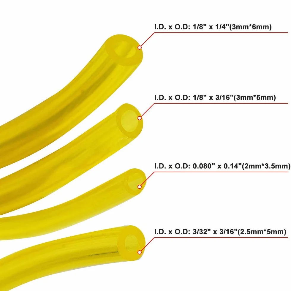 Zestaw 4 węży paliwowych PVC Długość 1,5 m Wymiary (średnica wewnętrzna x średnica zewnętrzna) 2,5 x 5 mm, 3 x 5 mm, 2 x 3,5 mm, 3 x 6 mm