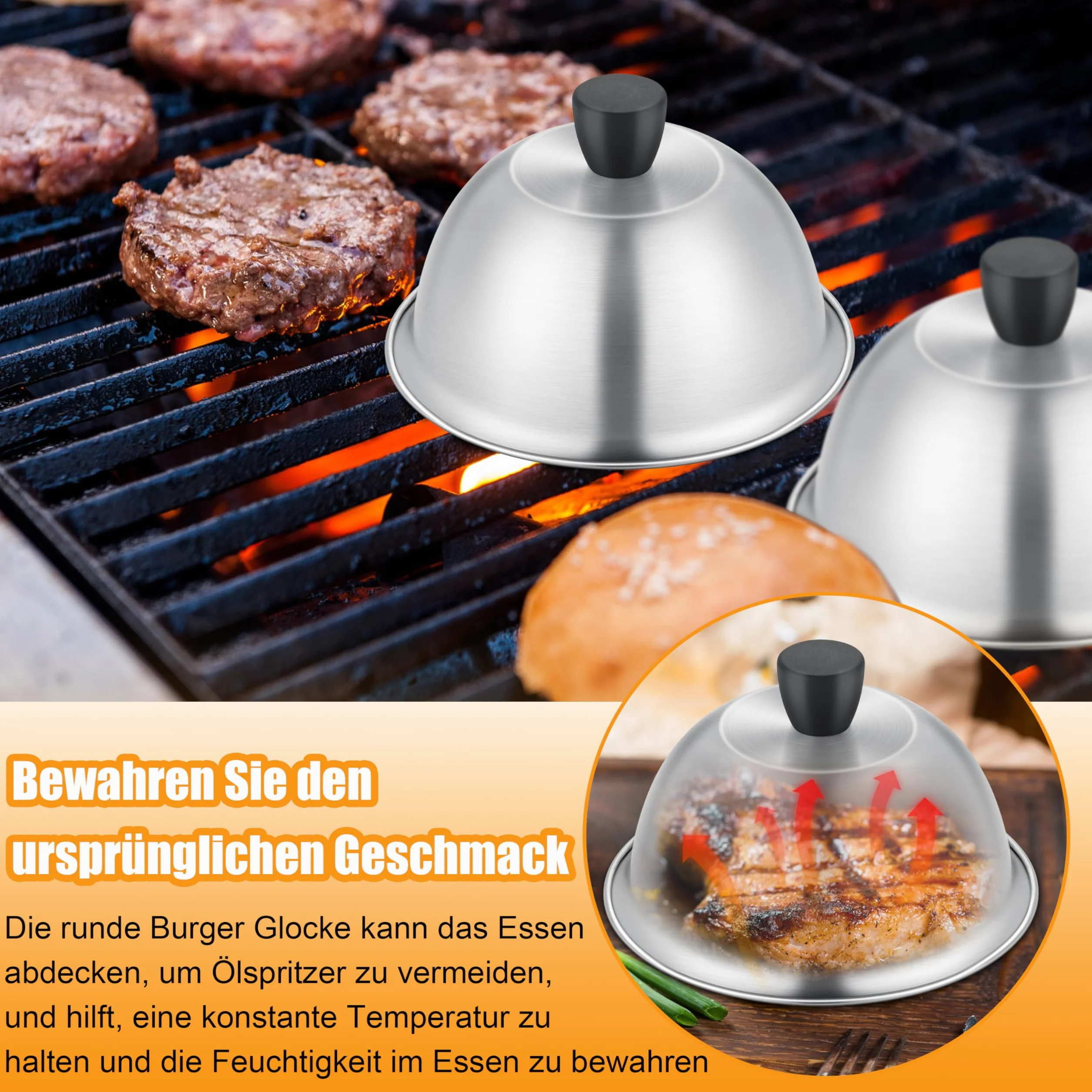 TEAMFAR Dzwonek do burgerów, 4 sztuki ze stali nierdzewnej, dzwonek do grilla z okładziną z silikonu odpornego na ciepło, małe dzwonki do burgerów do grilla teppanyaki i kuchni, do użytku wewnętrznego
