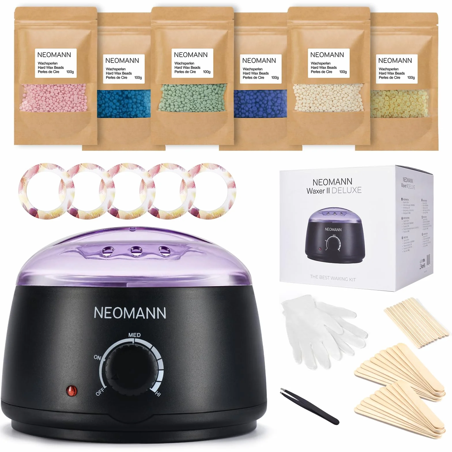 Waxer II Deluxe zestaw wosków dla kobiet i mężczyzn, nieklejący, powlekany teflonem – podgrzewacz do usuwania włosów, w zestawie 600 g pereł woskowych, 30 szpatułek, rękawiczek, pęsety (Waxer II