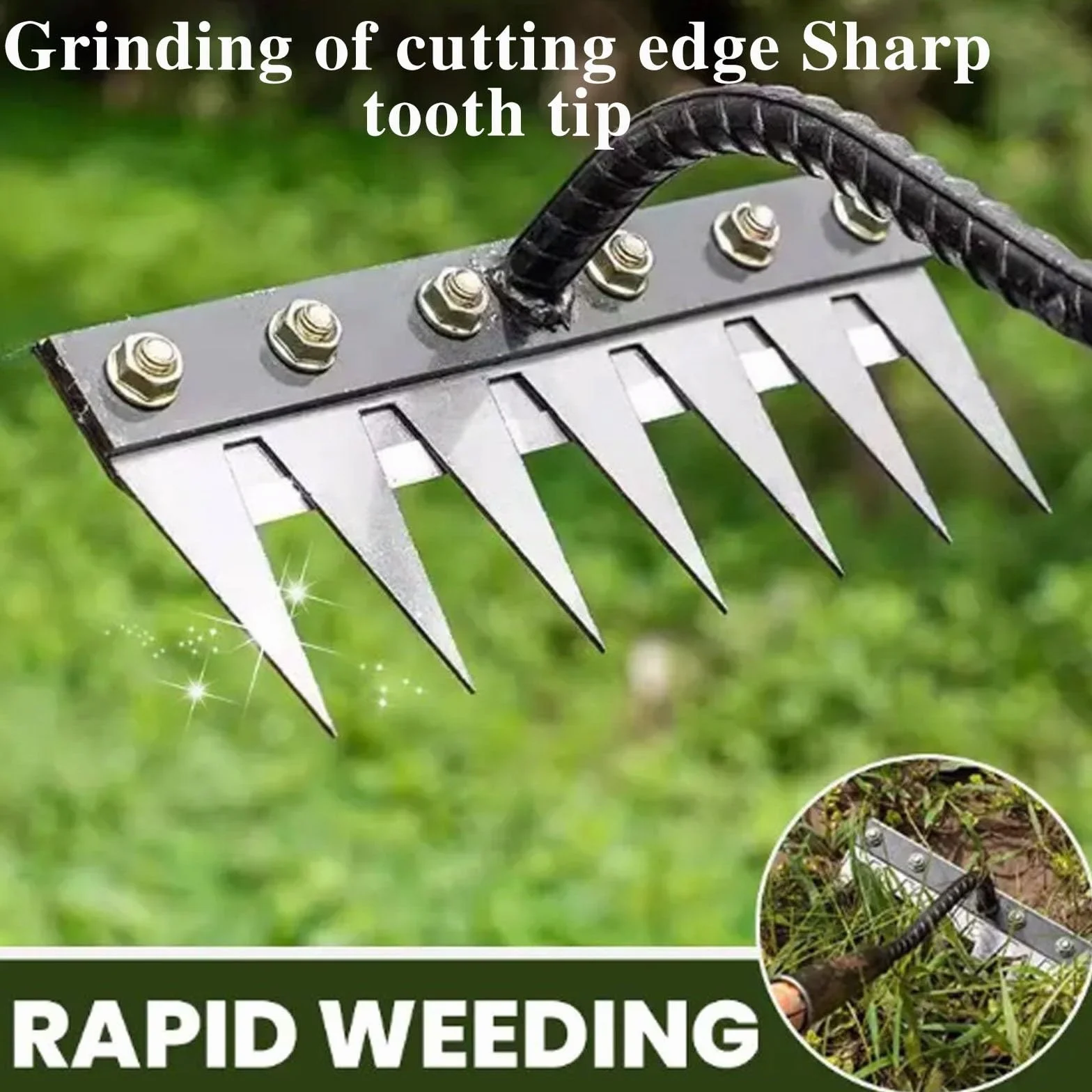 Carbon Steel Garden Rake Heavy Duty 8 Teeth Weeding Rake Lawn Leveling Scarifying Rake