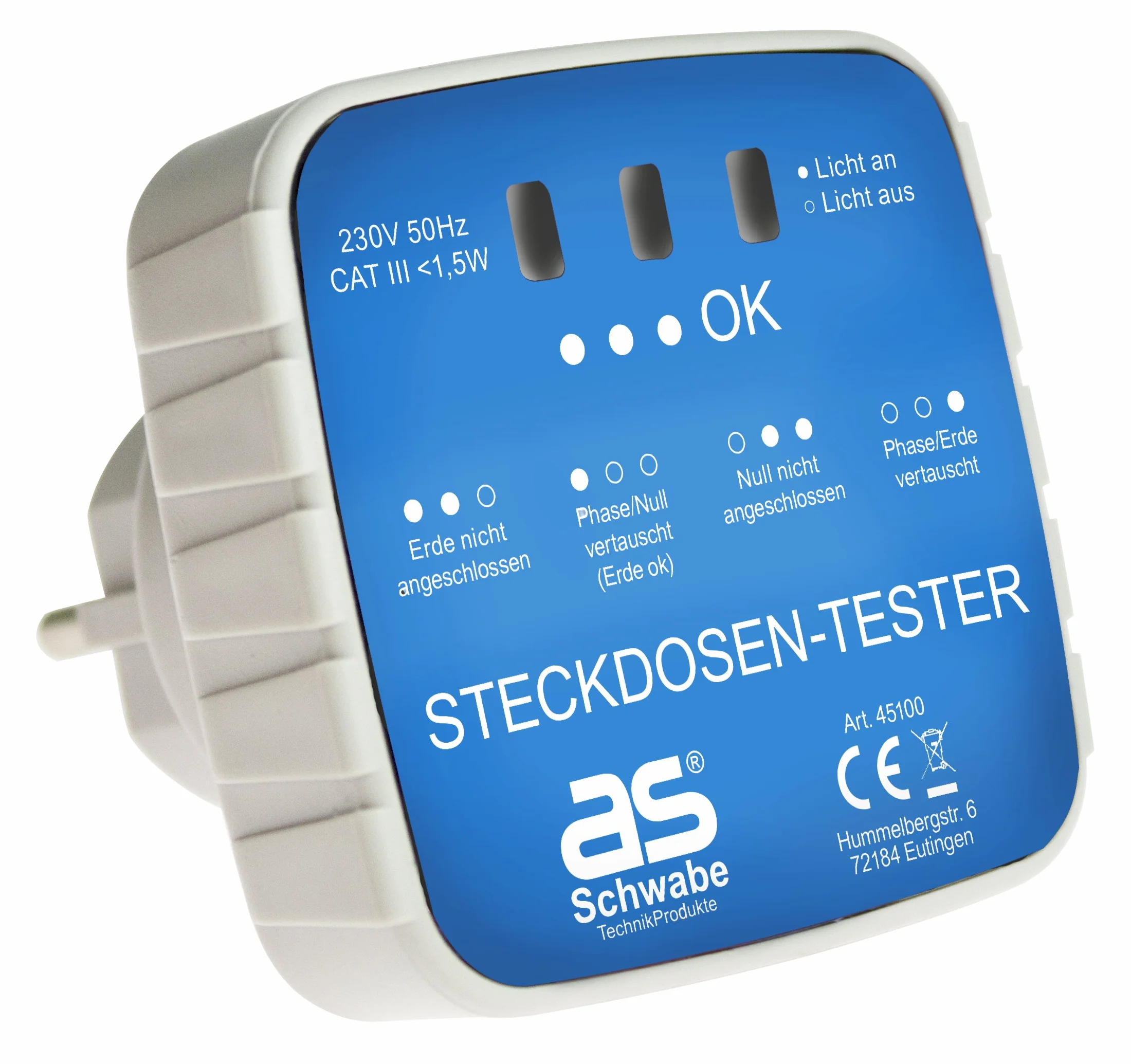 as - Schwabe 45100 Złącze Testowe Wtyczki Ze Wskaźnikiem Światła, 230 V, Wit/Blauw