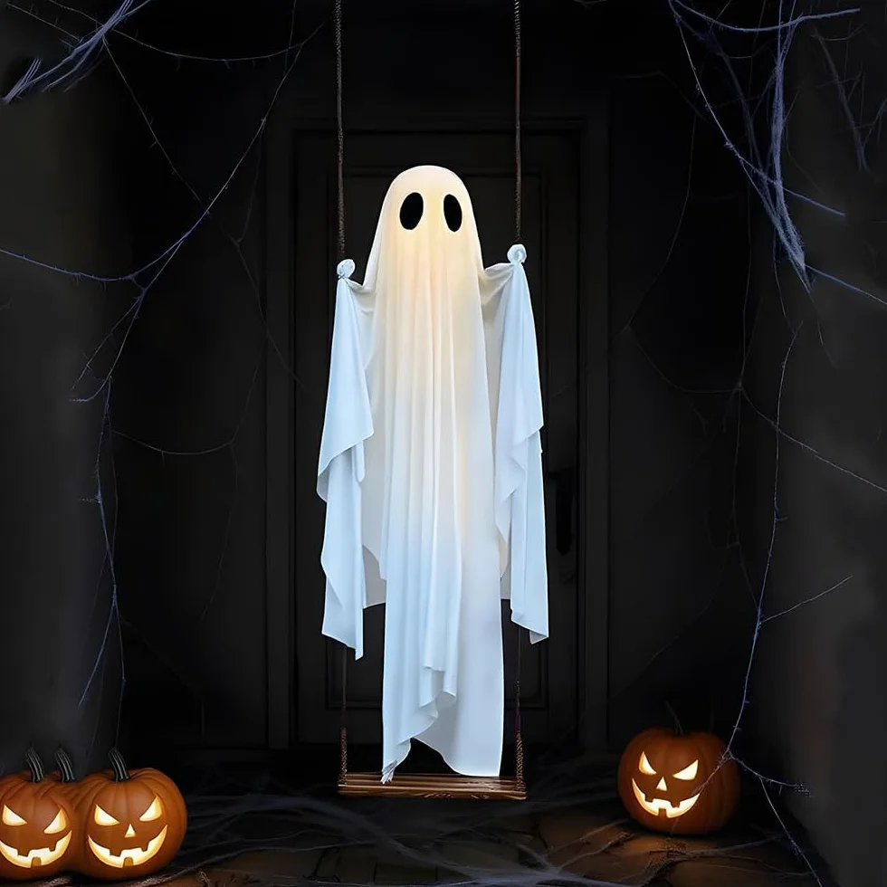 Swinging Ghost-150 cm duża wisząca huśtawka duch dekoracja na Halloween ze sznurkami świetlnymi - upiorne urocze duchy, dekoracje na przedni, ganek, podwórko, drzewo (z pilotem zdalnego sterowania)