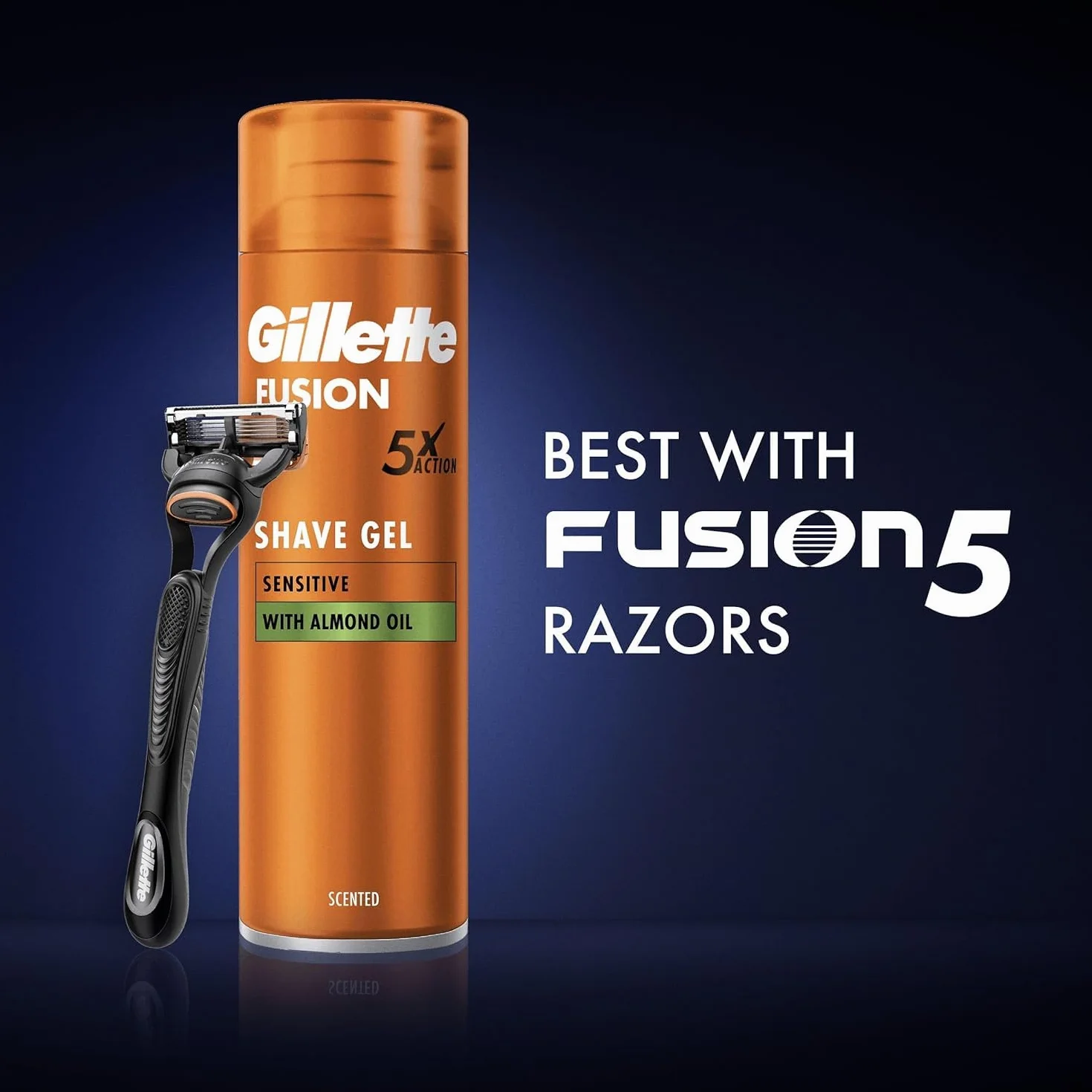 Gillette Fusion żel do golenia dla mężczyzn (200 ml), z olejkiem migdałowym, do skóry wrażliwej, 5-krotne działanie: czyści, nawilża, chroni, odświeża i uspokaja, prezent dla mężczyzn