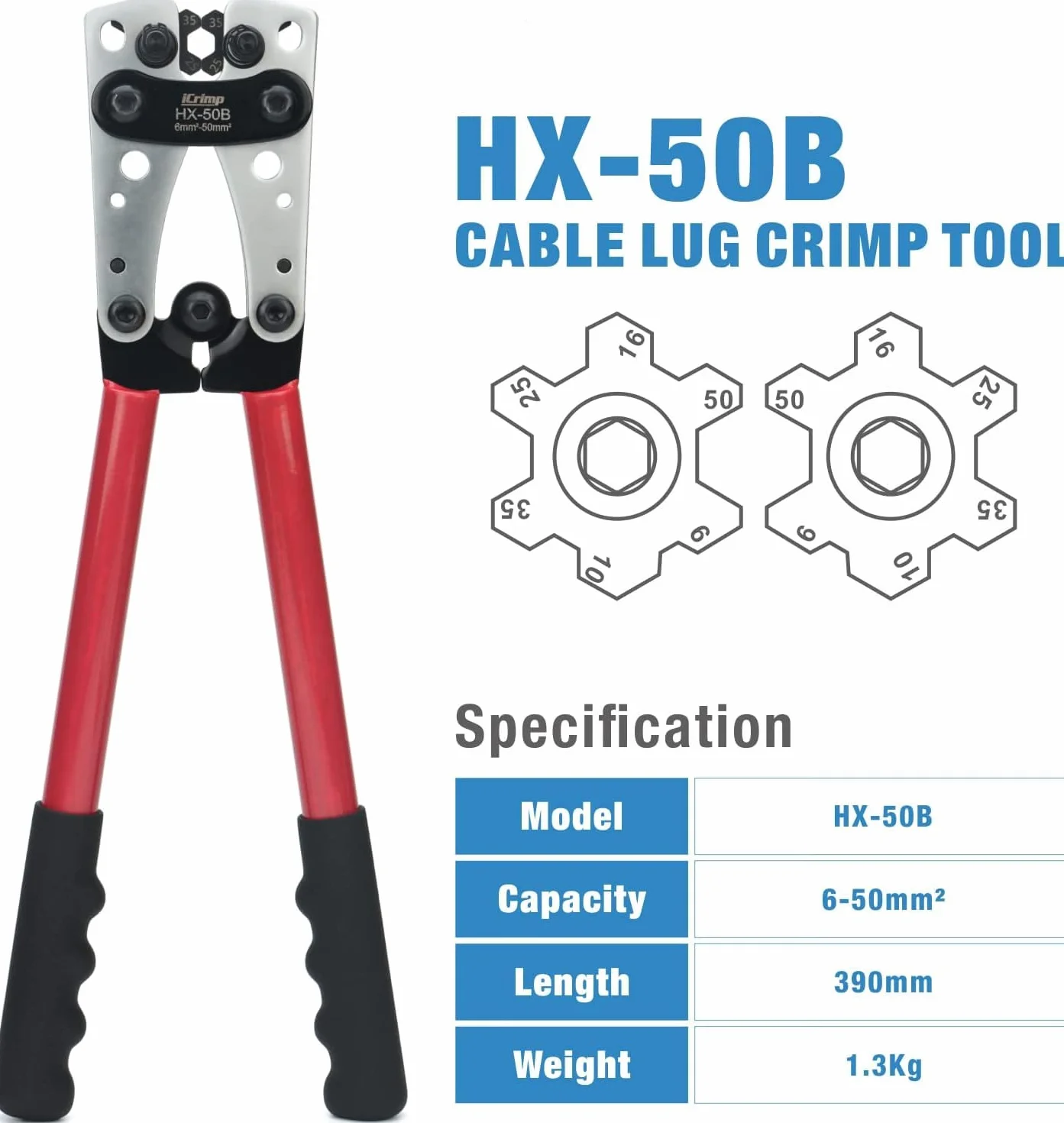 iCrimp zestaw narzędzi do zaciskania kabli akumulatorowych, wytrzymała zaciskarka do końcówek miedzianych 6-50 mm², zawiera obcinak do drutu do 70 mm² i nóż do ściągania izolacji w przenośnej walizce