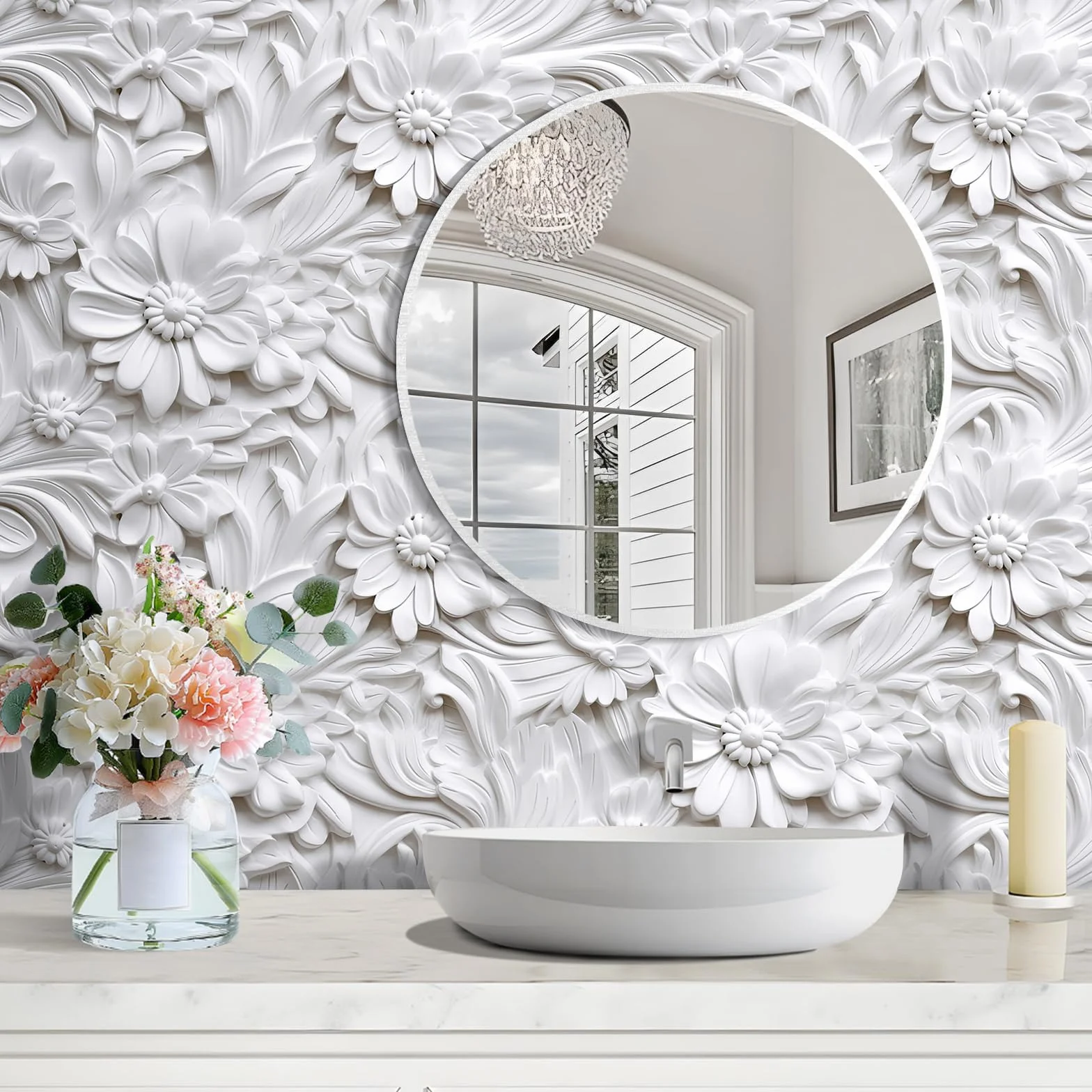 LaCheery Biała samoprzylepna tapeta kwiatowa, efekt 3D, tapeta ścienna, kwiaty, do salonu, 44,5 cm x 700 cm, tapeta z białym wzorem, winylowa, folia samoprzylepna do mebli, kwiatowa tapeta ścienna