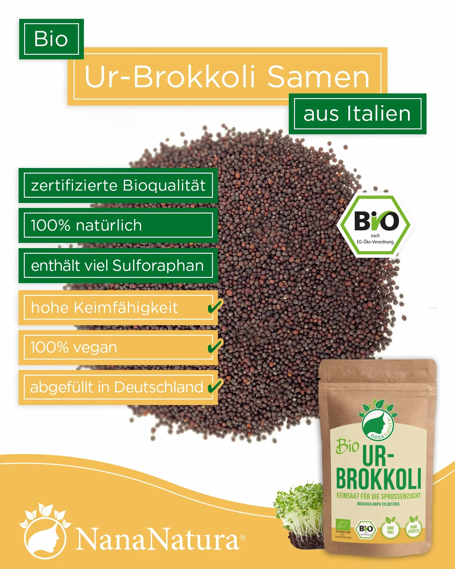NanaNatura 's Organiczne nasiona kiełkowe | do uprawy pędów | o wyższej szybkości kiełkowania | Mikrozielone (Organiczne Brokuły, 180g)