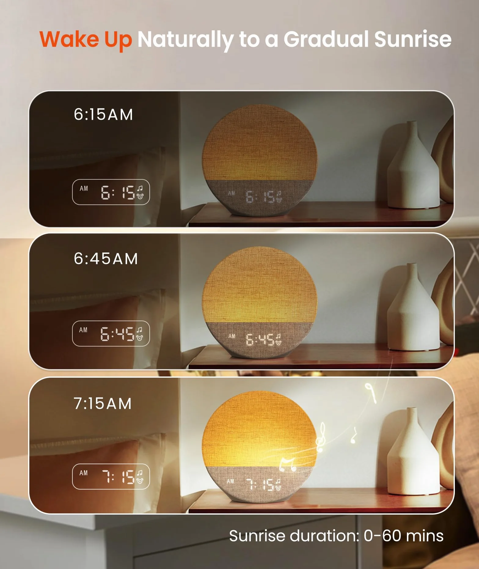 Dreamegg Sunrise świecący budzik, biały z 29 uspokajającymi dźwiękami, konfigurowalne rutyny snu, symulator wschodu słońca, szum, biały, dziecko z 9 lampkami nocnymi