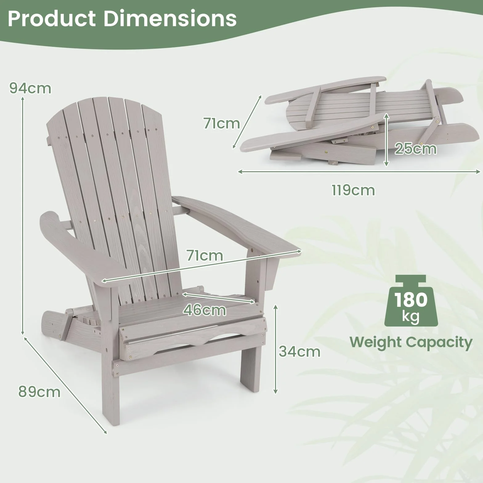 GIANTEX Adirondack składane krzesła 1/2, leżak zewnętrzny o konstrukcji z drewna świerkowego, wysokie oparcie i podłokietniki, obciążenie do 180 kg, krzesła na patio, do ogrodu (2, szare)