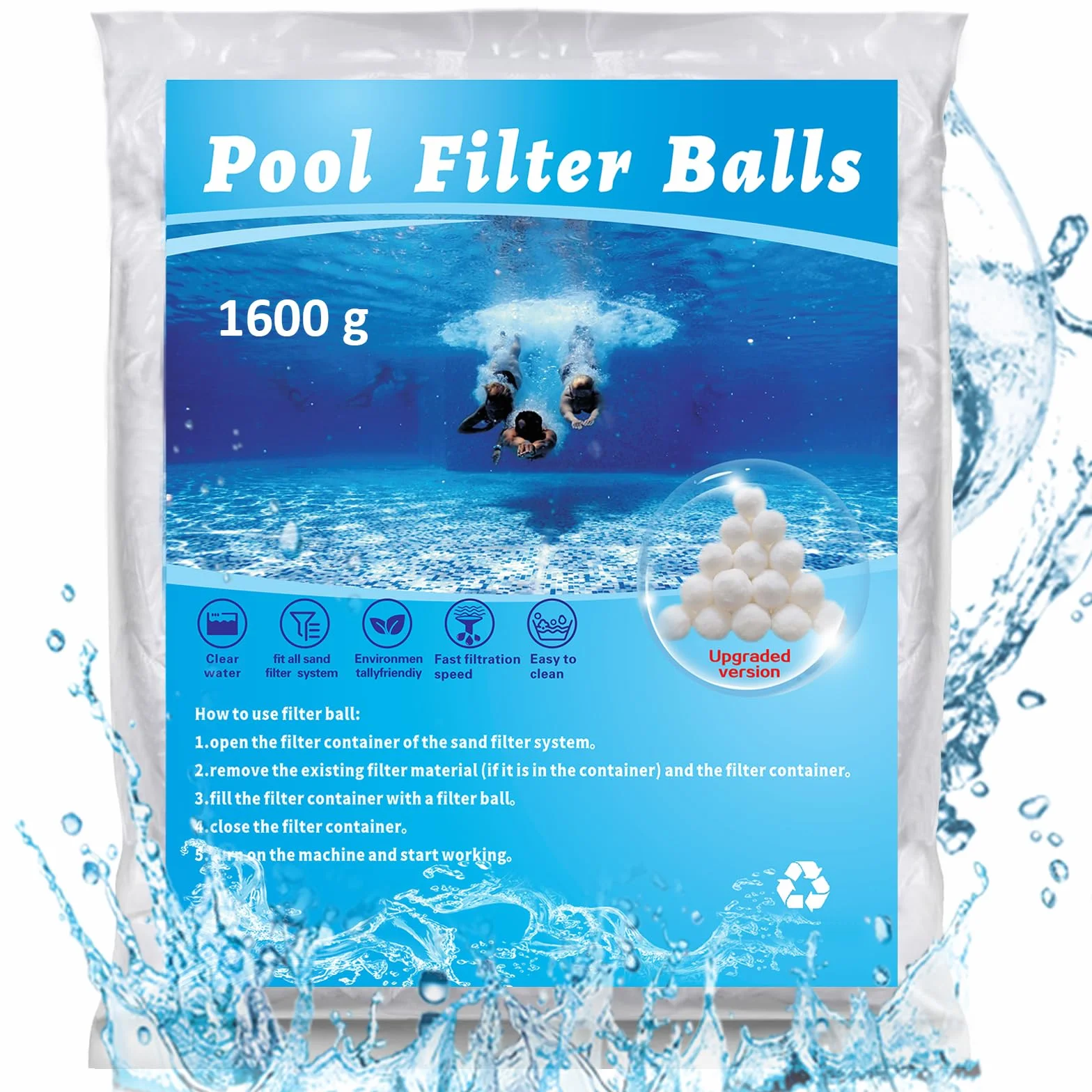 Kulki Filtrujące do Basenu 1600g, Odpowiednie do Wszystkich Systemów Filtrów Piaskowych, Równy 60kg Piasku